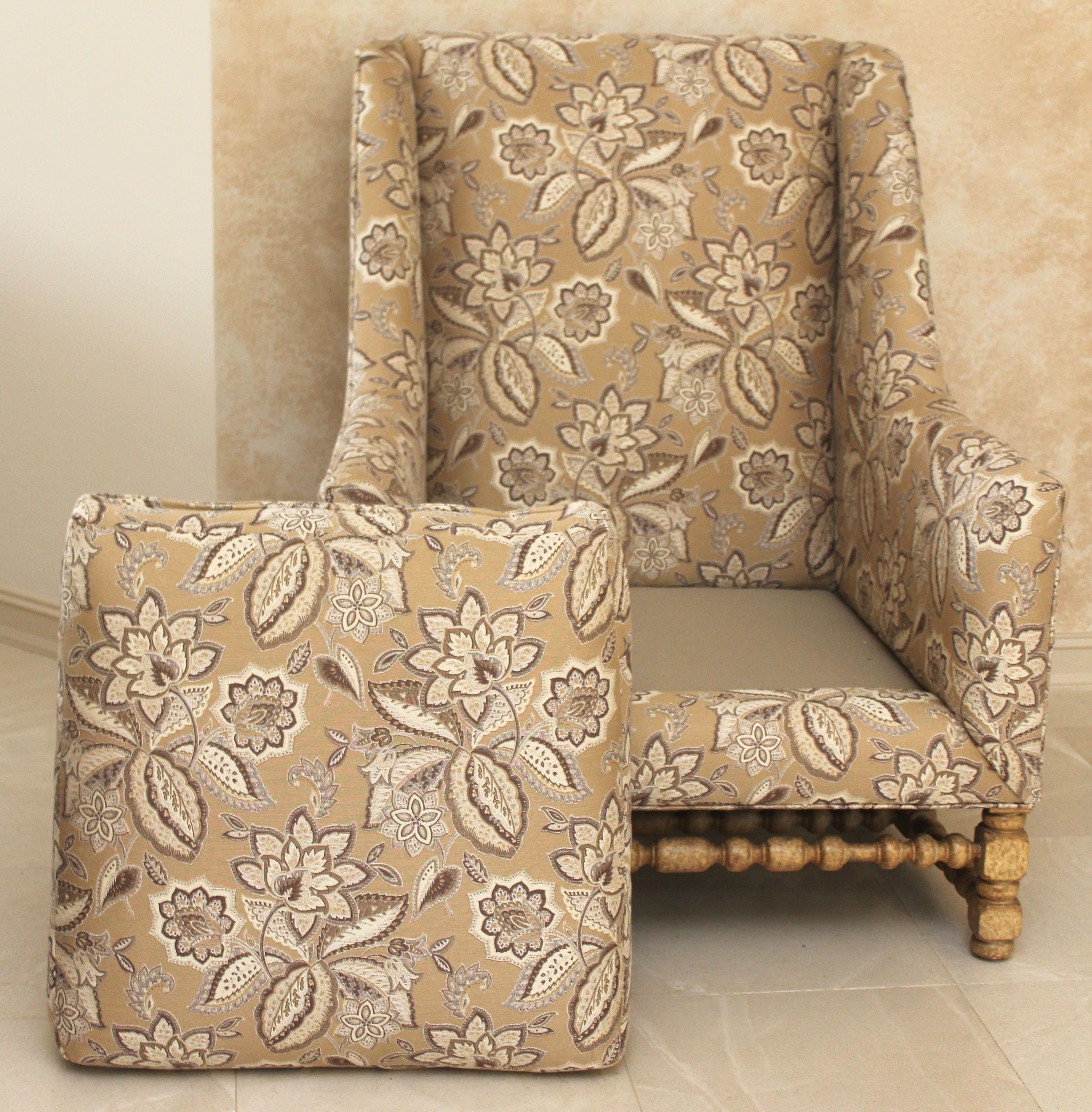 Oversized Upholstered Armchair with Turned Legs and Stetchers