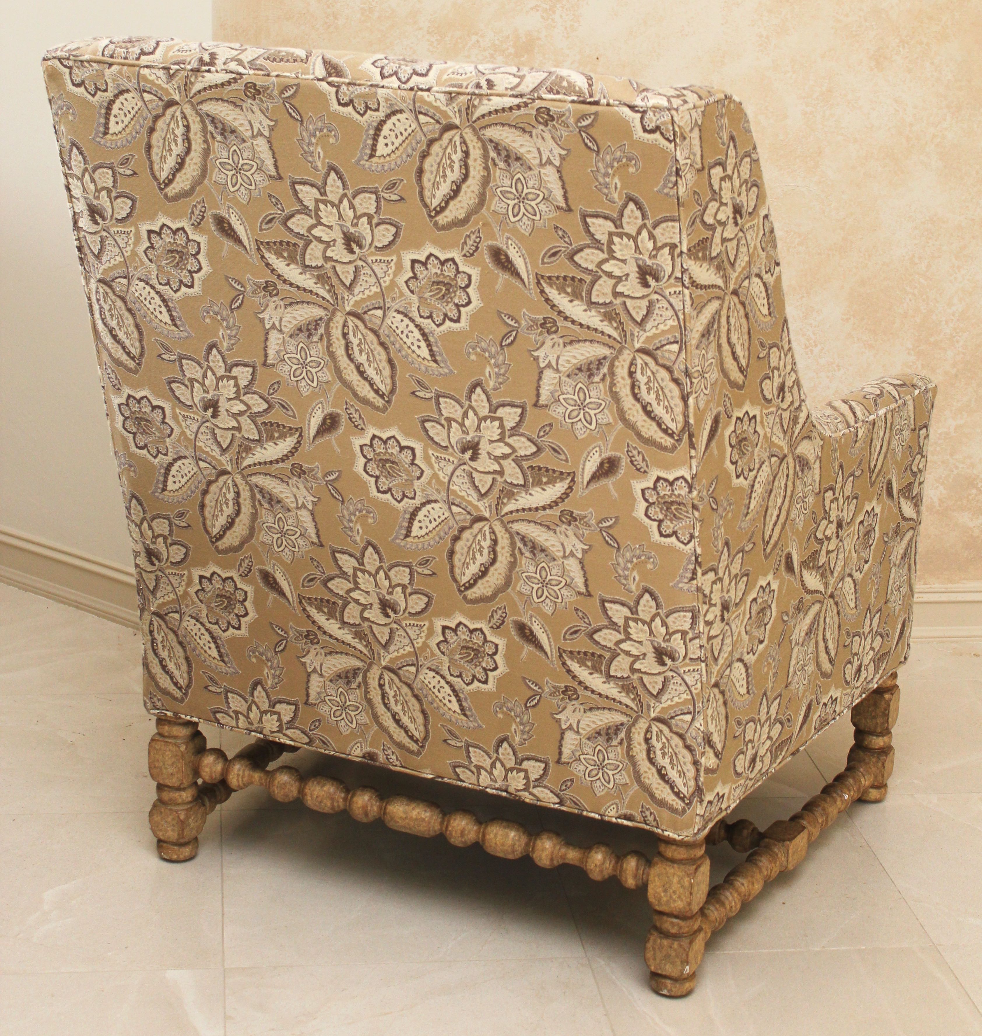 Oversized Upholstered Armchair with Turned Legs and Stetchers