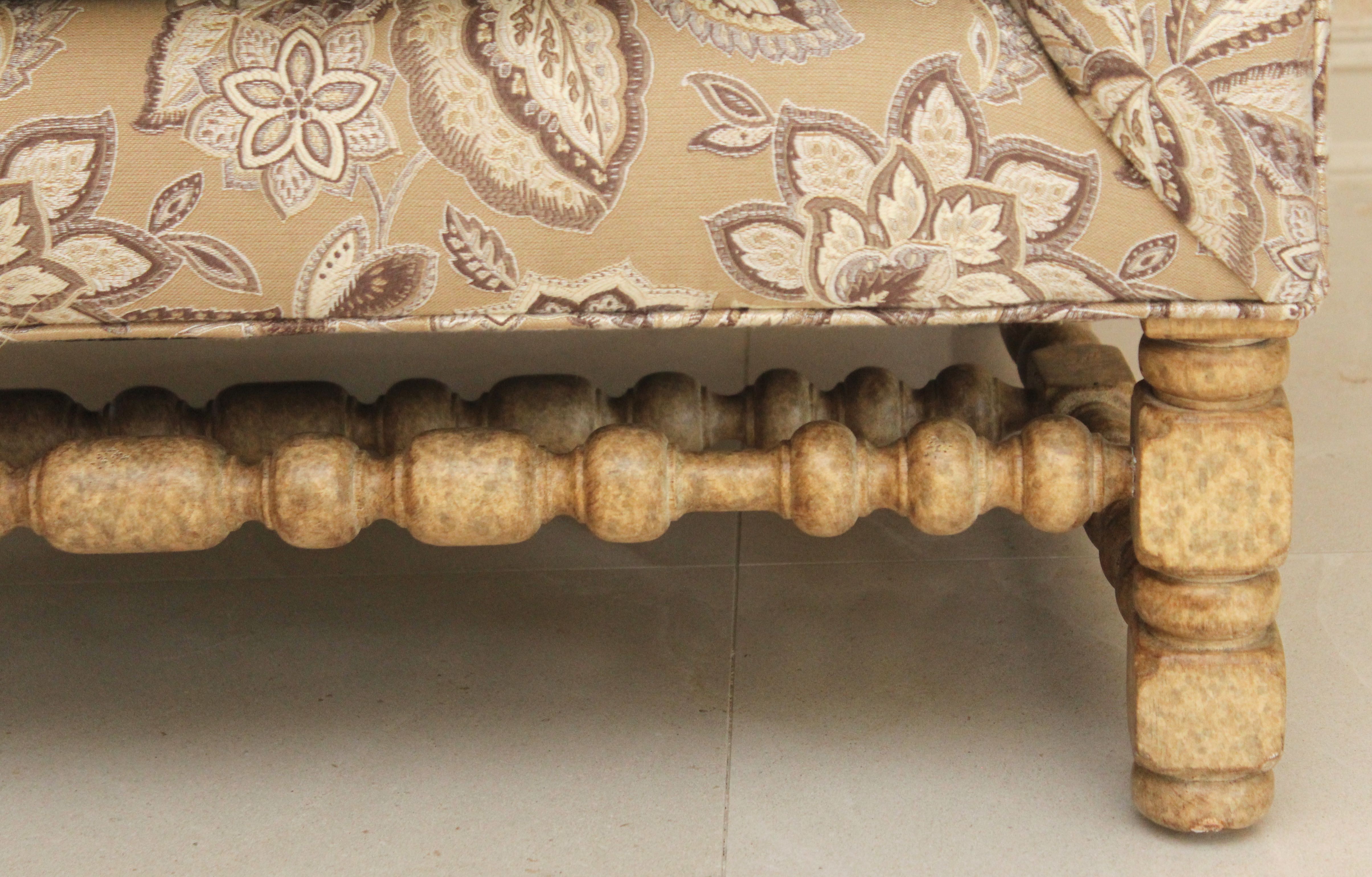 Oversized Upholstered Armchair with Turned Legs and Stetchers