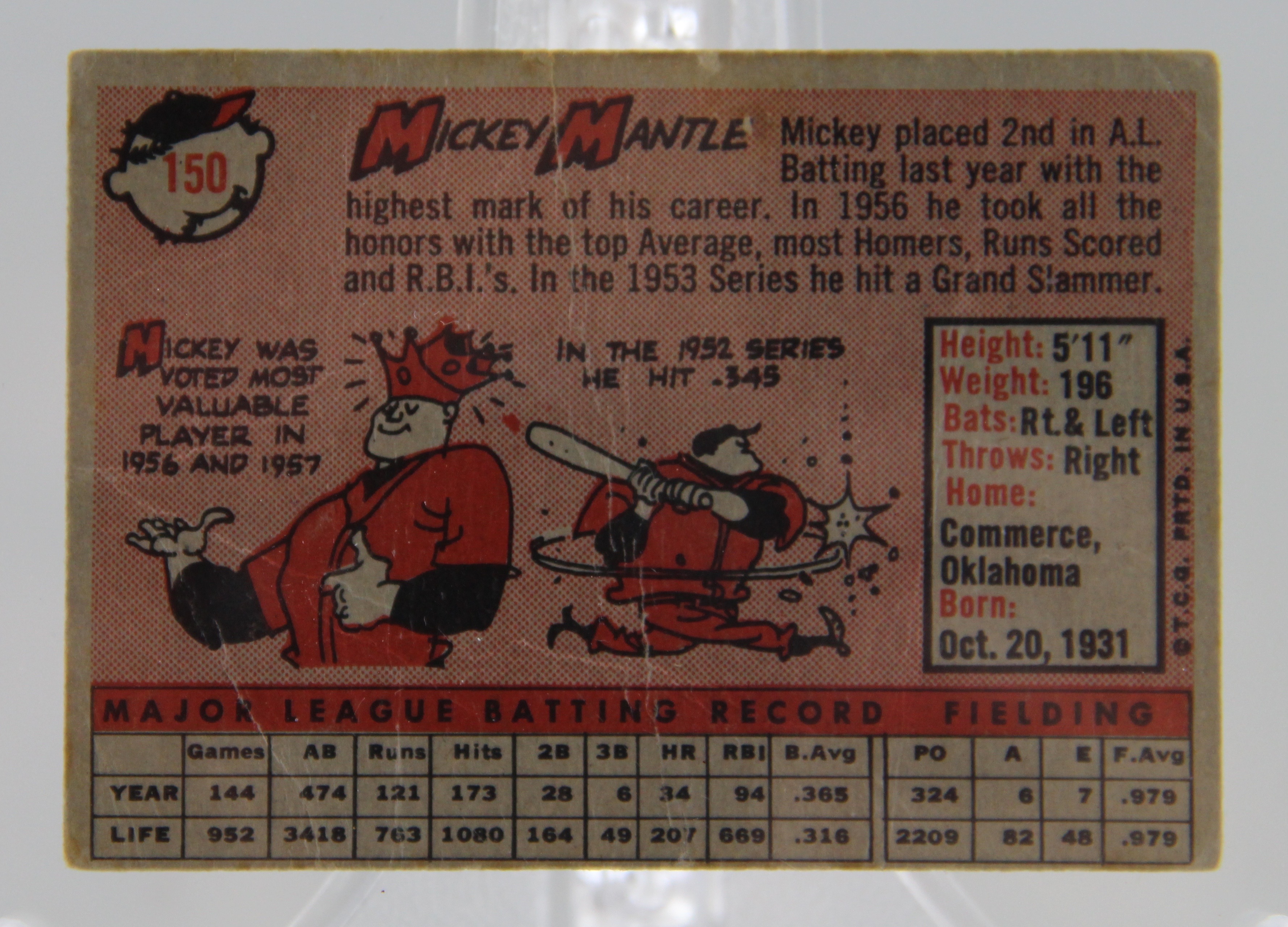 Vintage 1958 Mickey Mantle Topps 150 Baseball Card