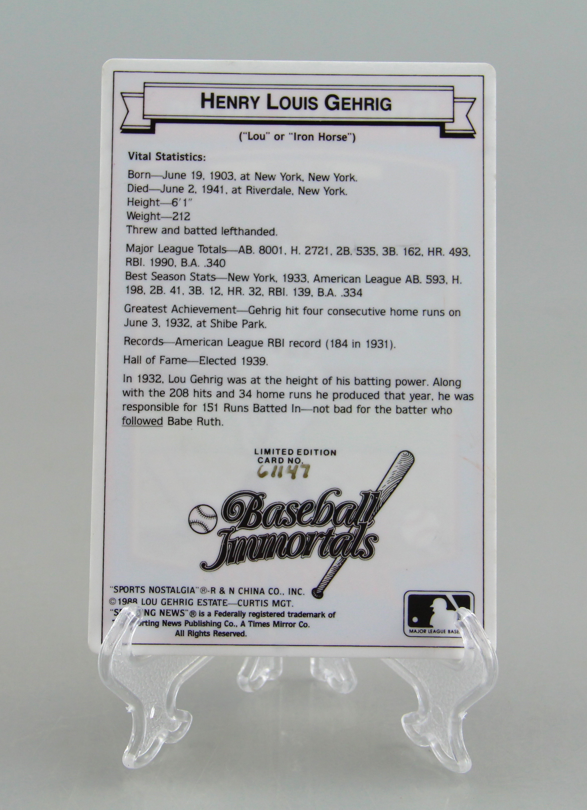 Sporting News Baseball Immortals Lou Gehrig Metal Card Ltd. Ed.