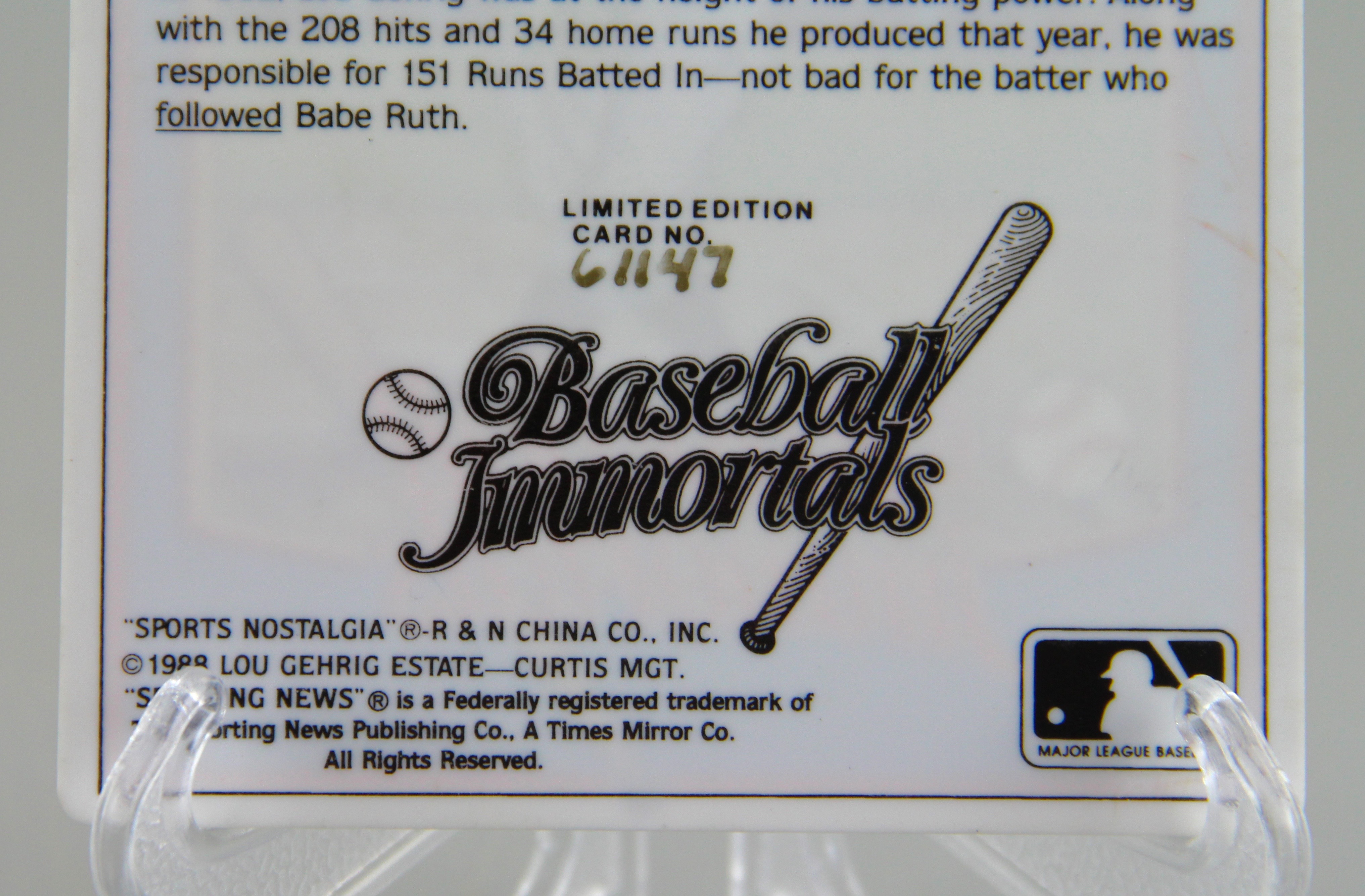 Sporting News Baseball Immortals Lou Gehrig Metal Card Ltd. Ed.