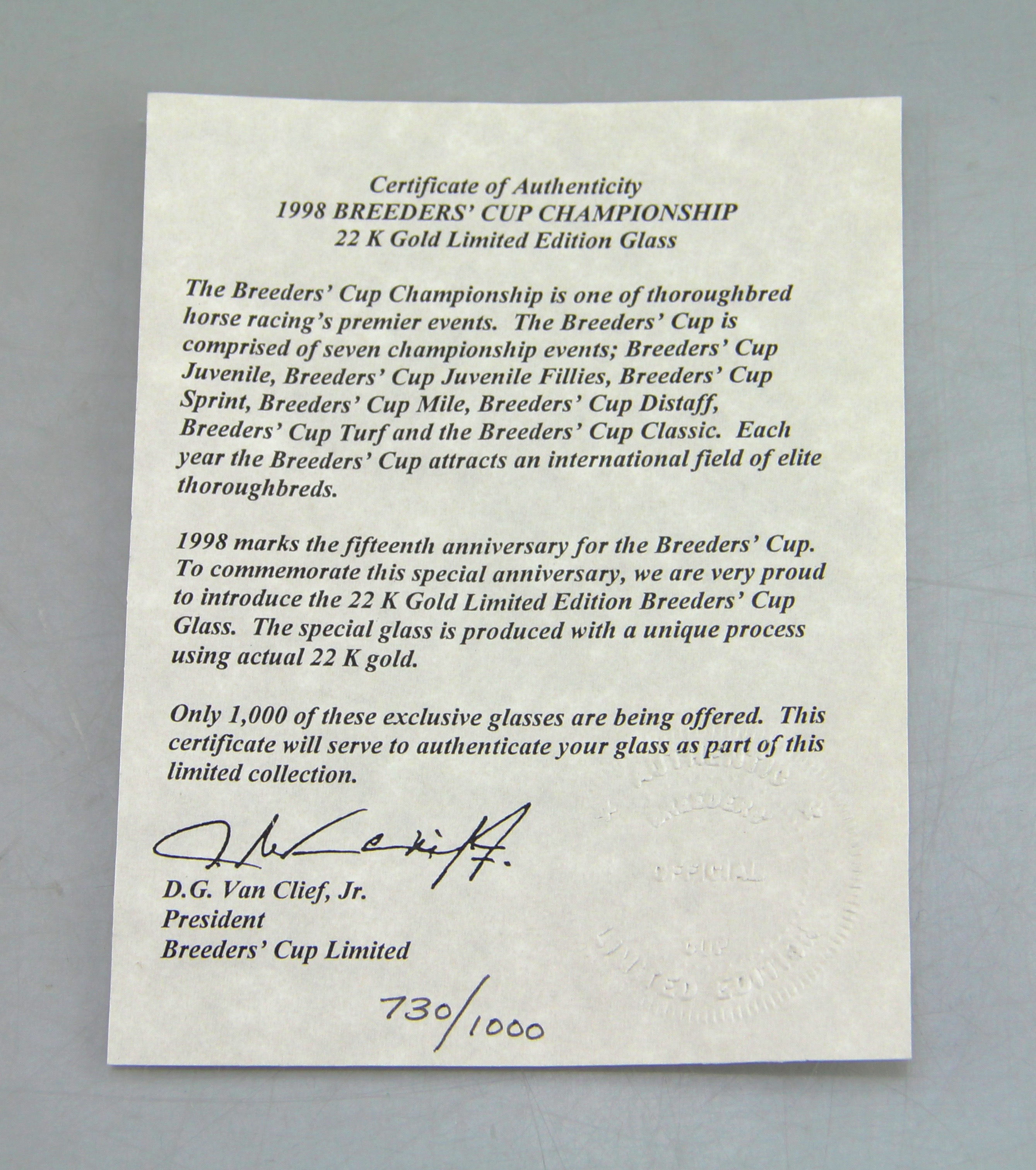 1998 Breeder's Cup Limited Edition Glass