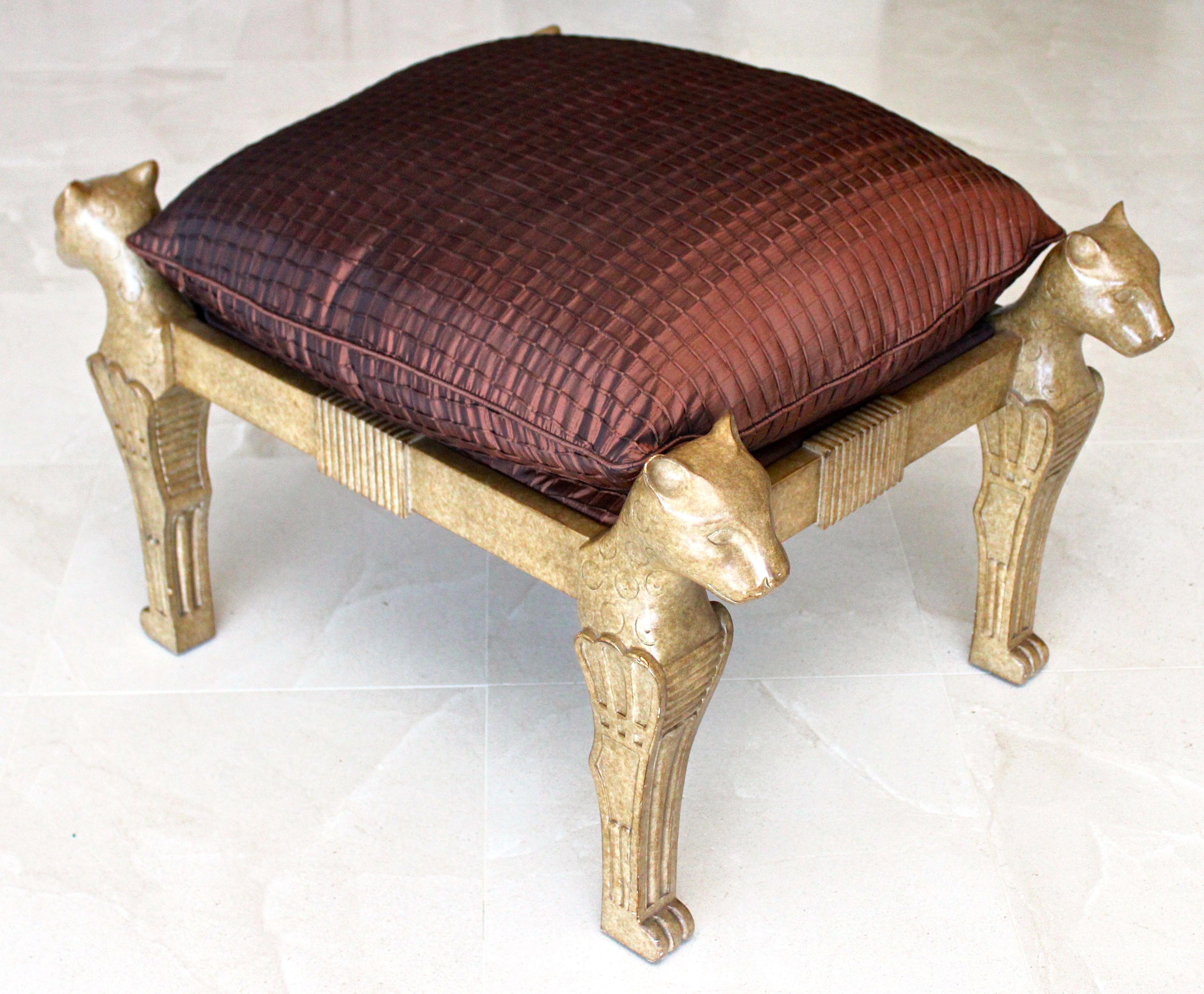 Maroon Cushioned Ottoman With Cat Head Accents