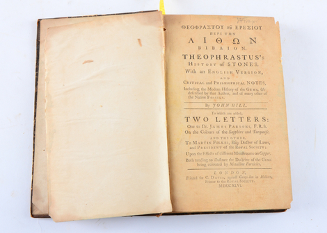 1746 First English Edition "History of Stones" by Theophrastus