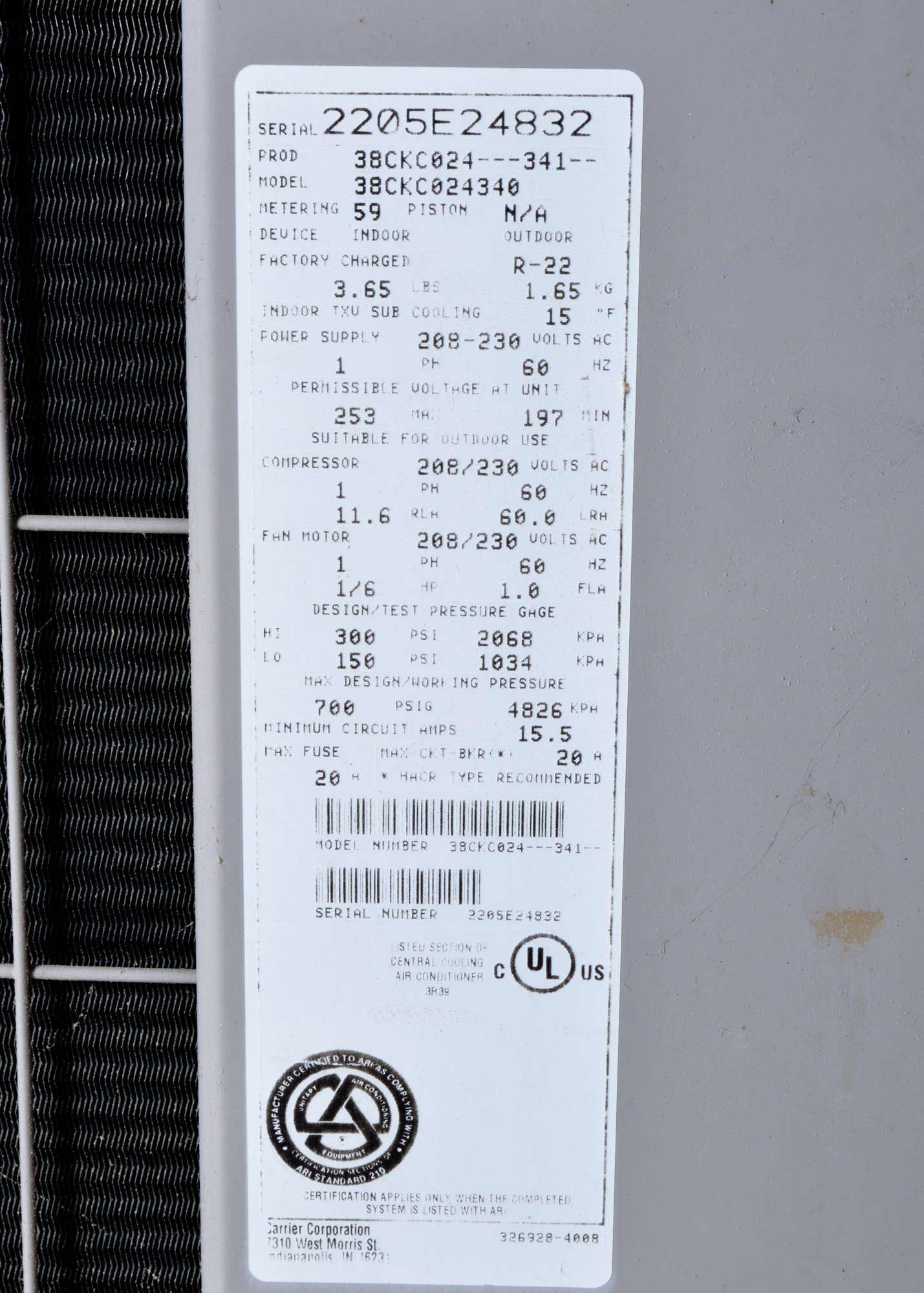 Carrier Small Air Conditioner Model No. 38CKC024340