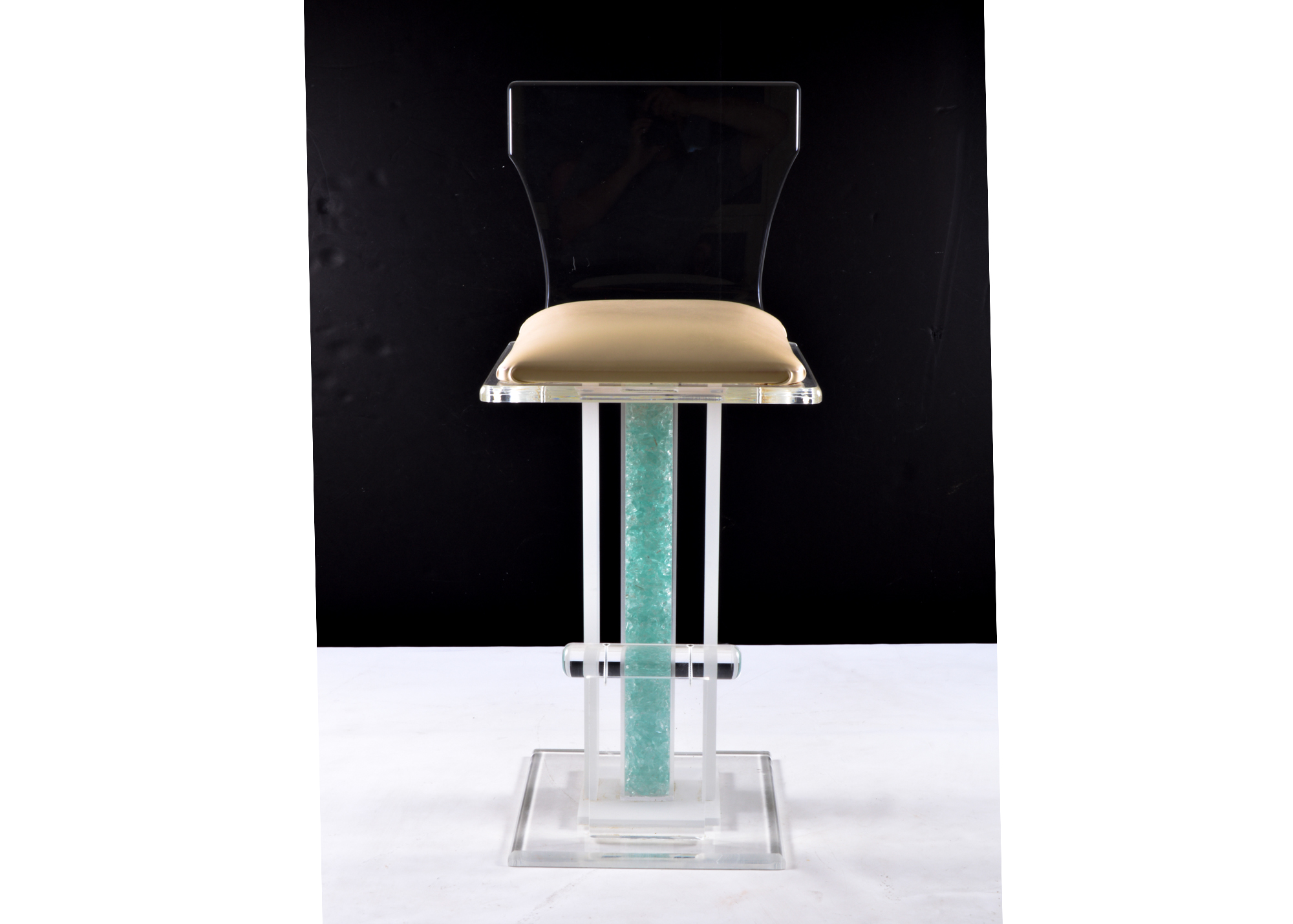 Lucite and Teal Blue Glass Stool