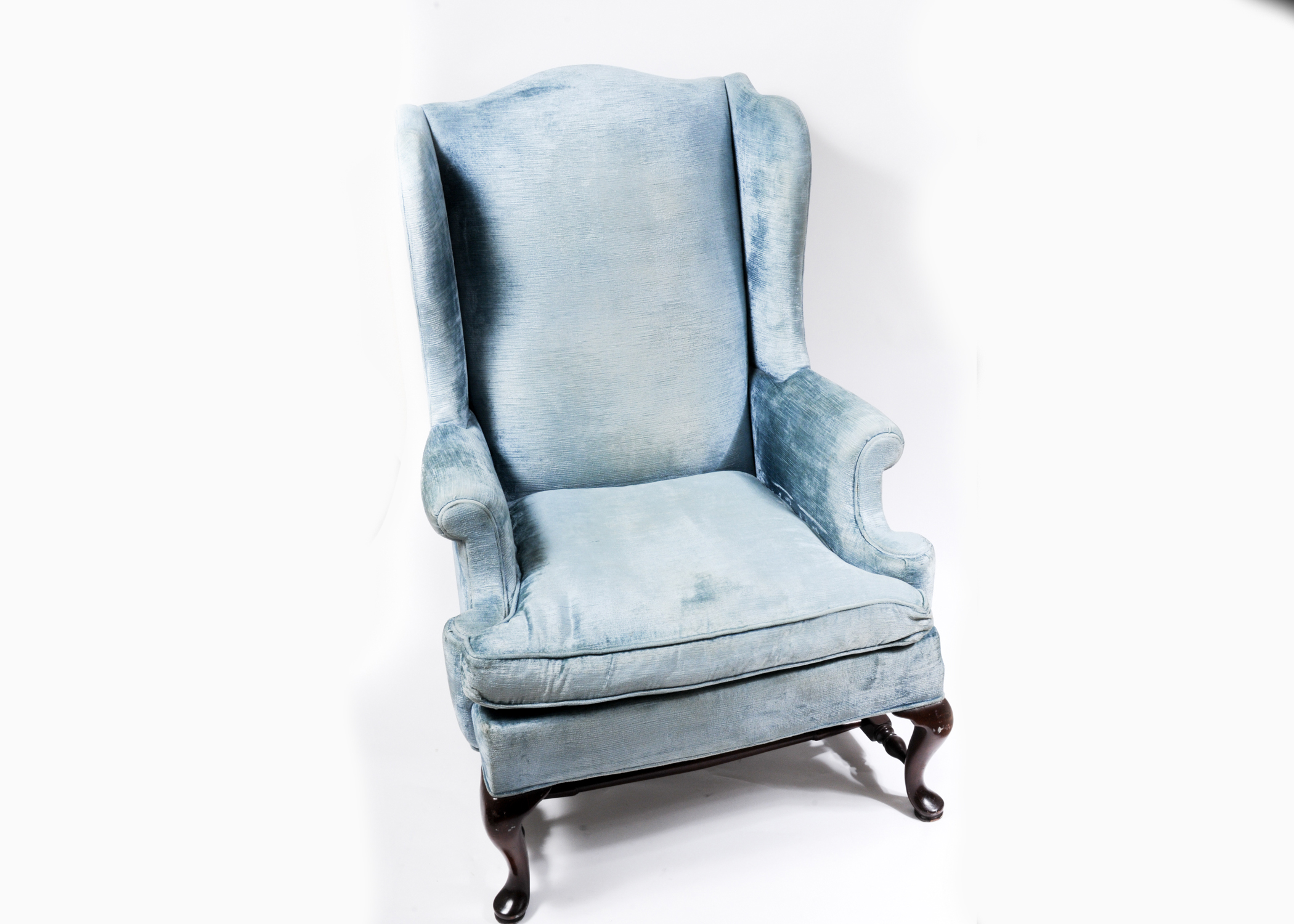 Queen Anne Style Blue Velvet Wingback Chair