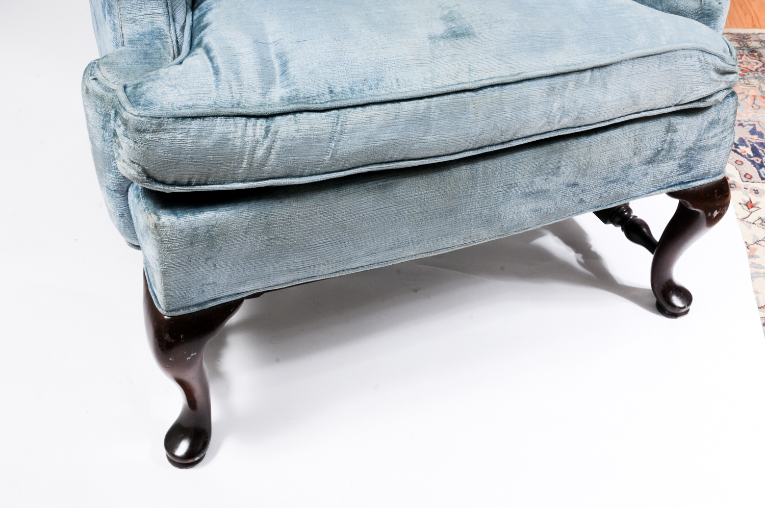 Queen Anne Style Blue Velvet Wingback Chair