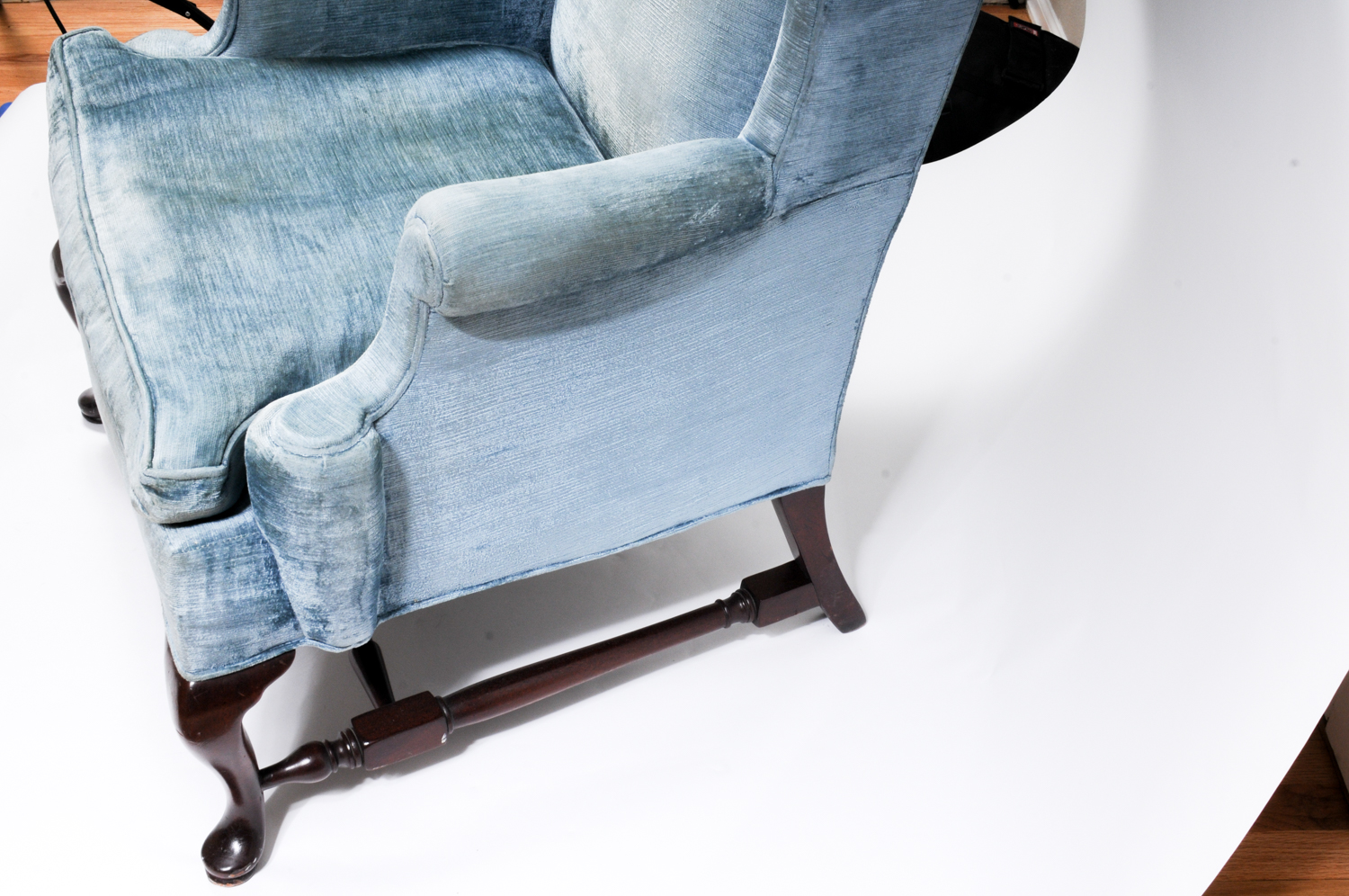 Queen Anne Style Blue Velvet Wingback Chair