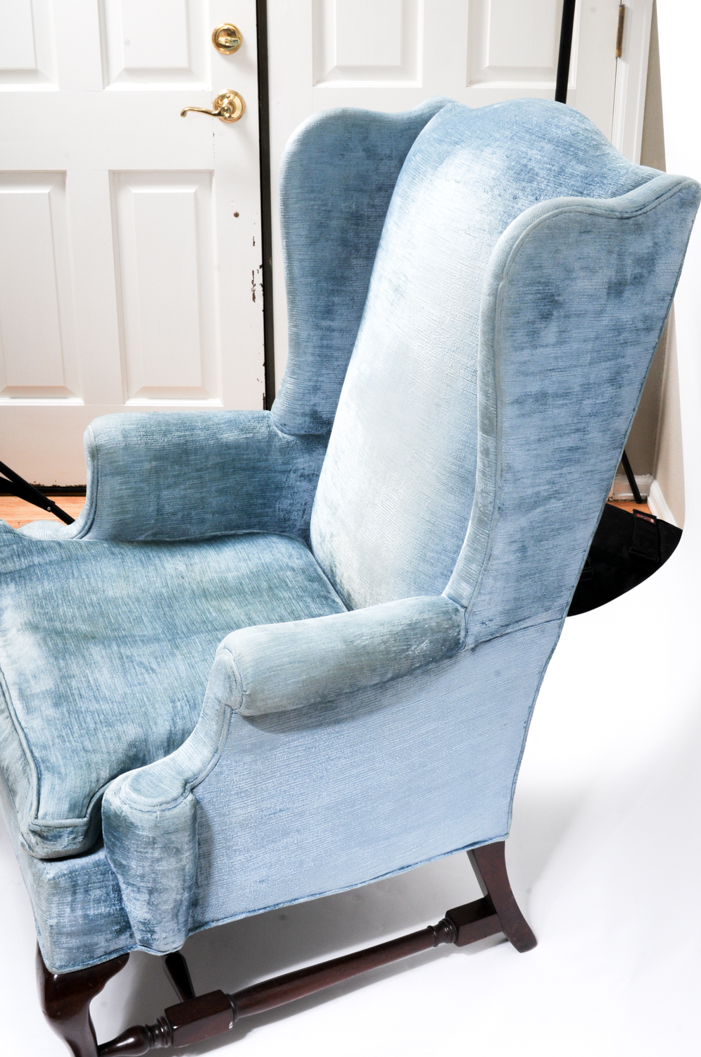 Queen Anne Style Blue Velvet Wingback Chair