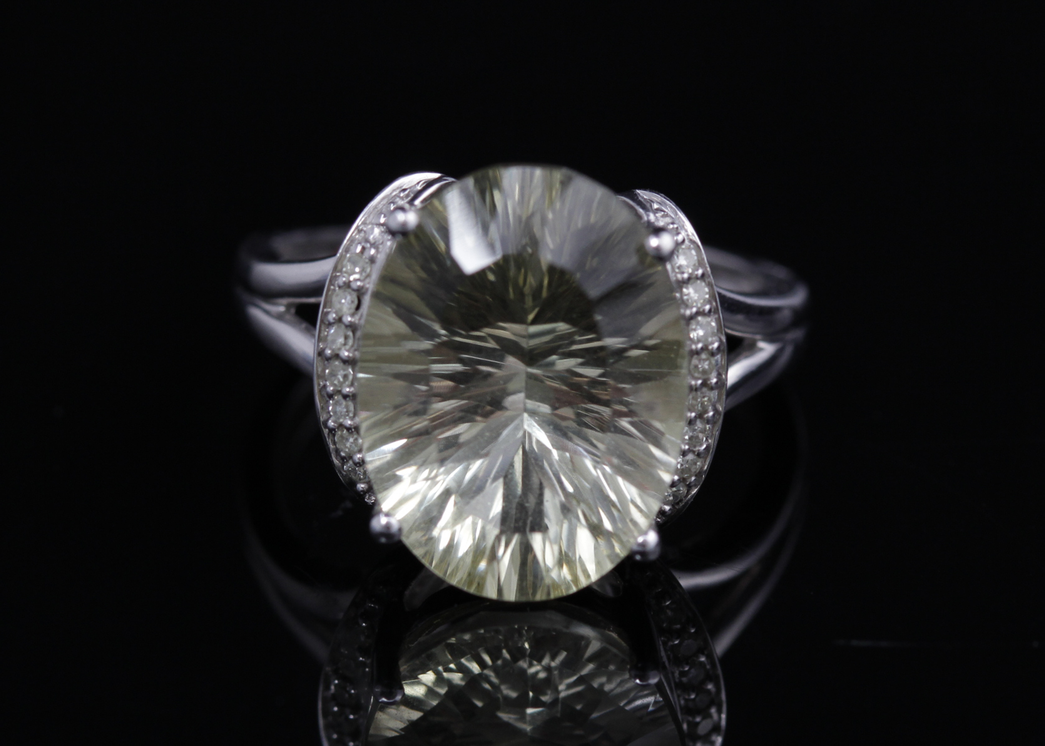 10K White Gold Yellow Quartz and Diamond Ring