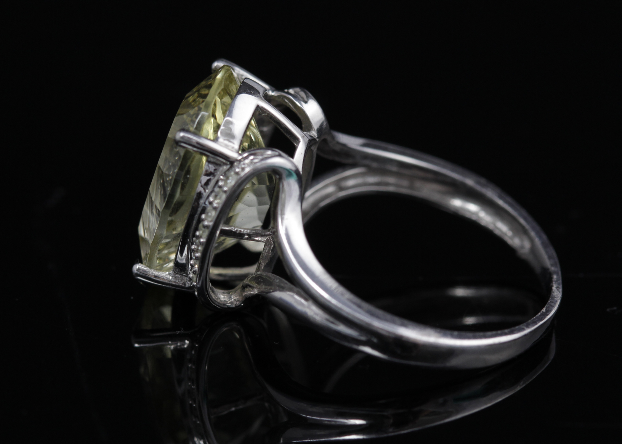 10K White Gold Yellow Quartz and Diamond Ring