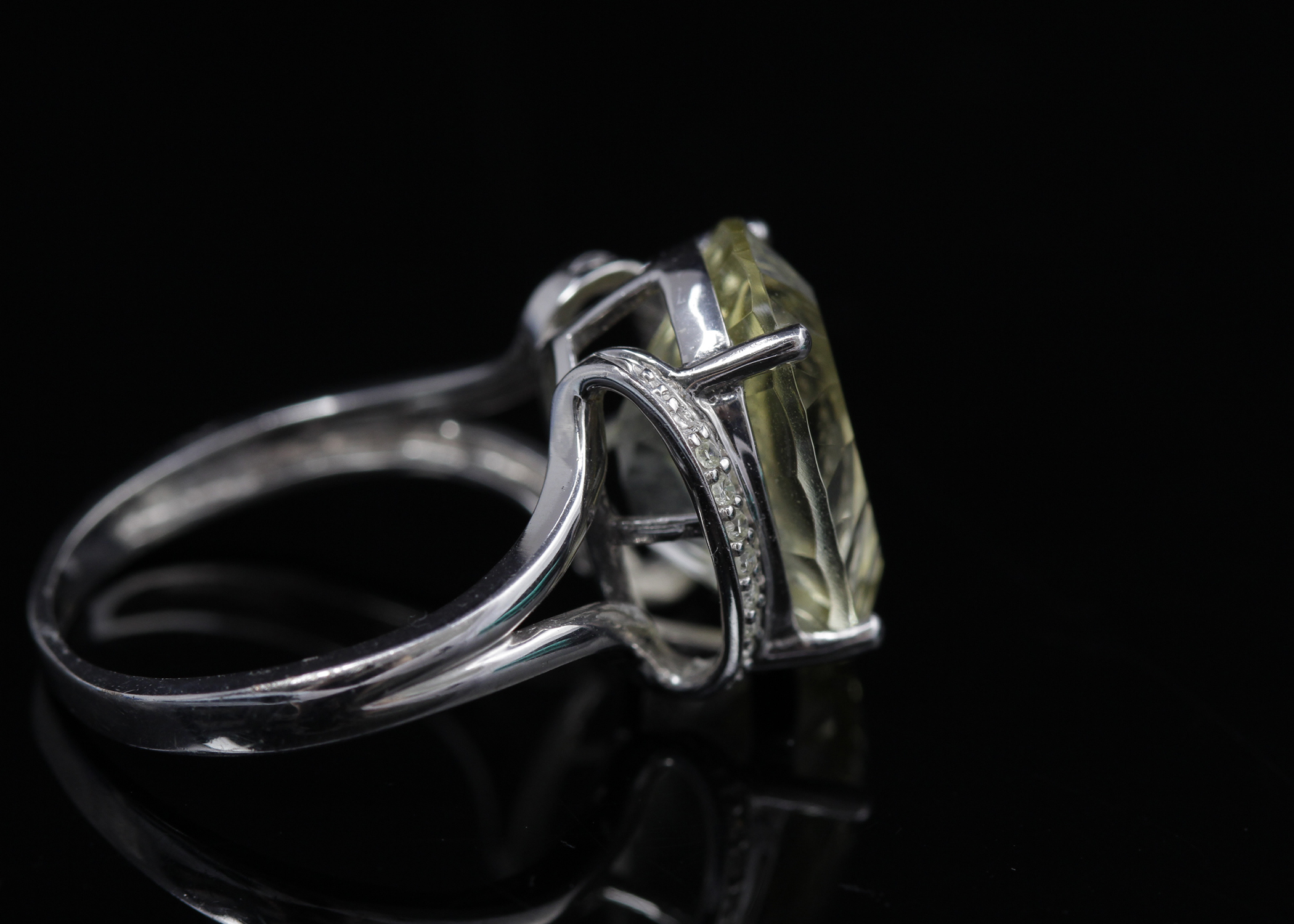 10K White Gold Yellow Quartz and Diamond Ring