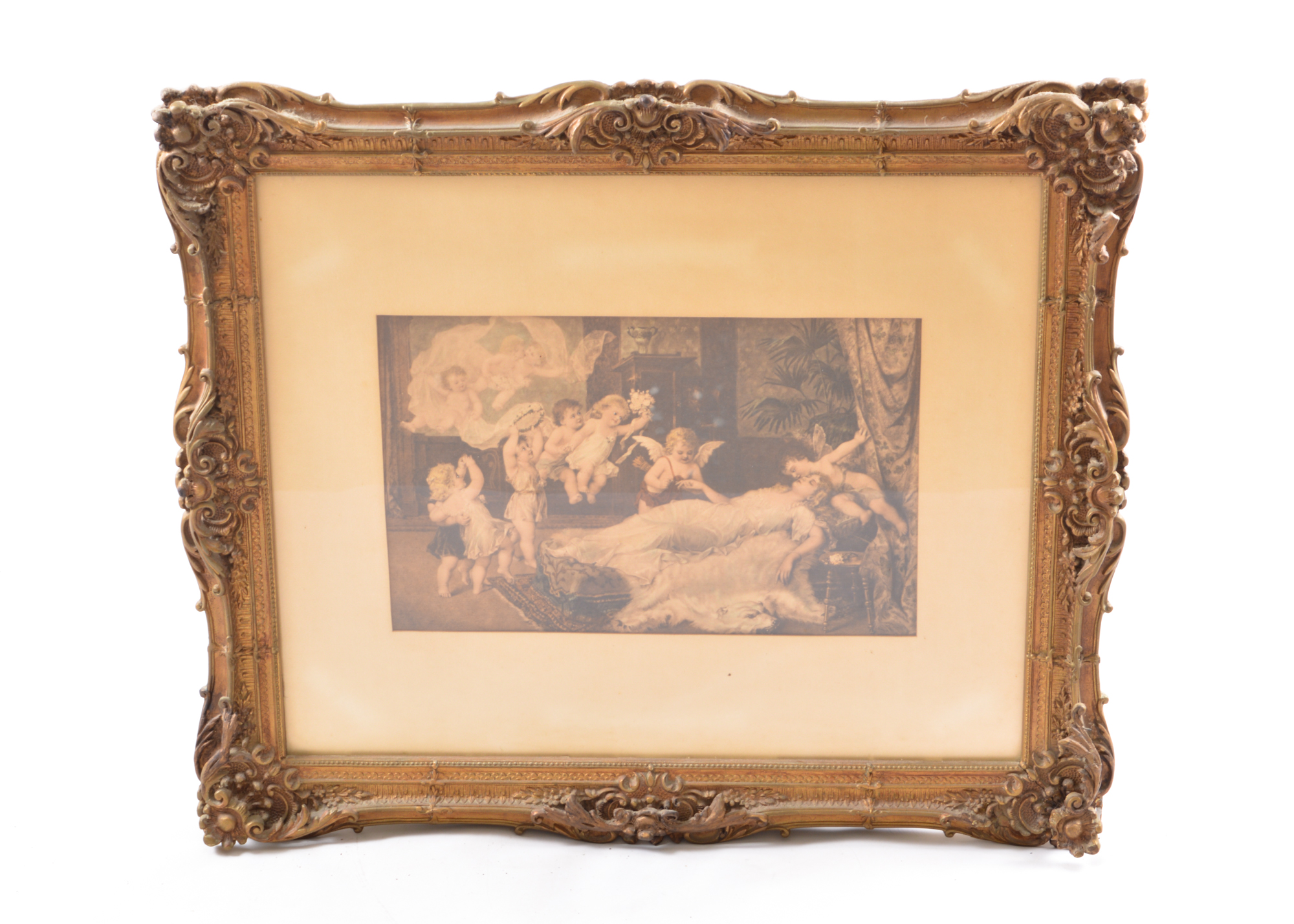 Hand Colored Lithograph Print of Reclining Lady with Cherubs