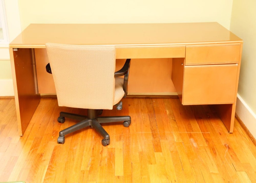 HoneyToned Office Desk and Black Chair