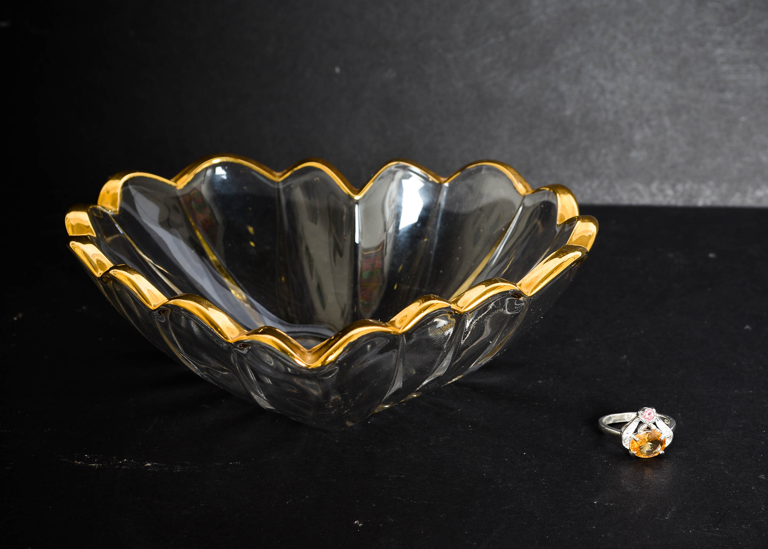 Vintage Crystal Heart Shaped Dish and Ladies Ring