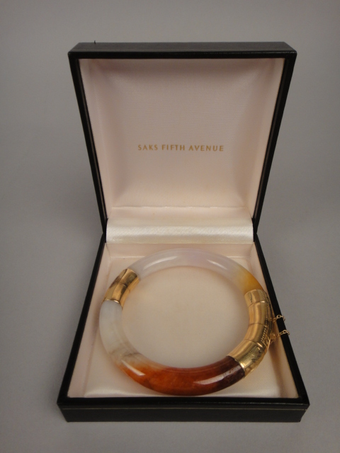 14k Gold White and Rust Jade Bangle Bracelet