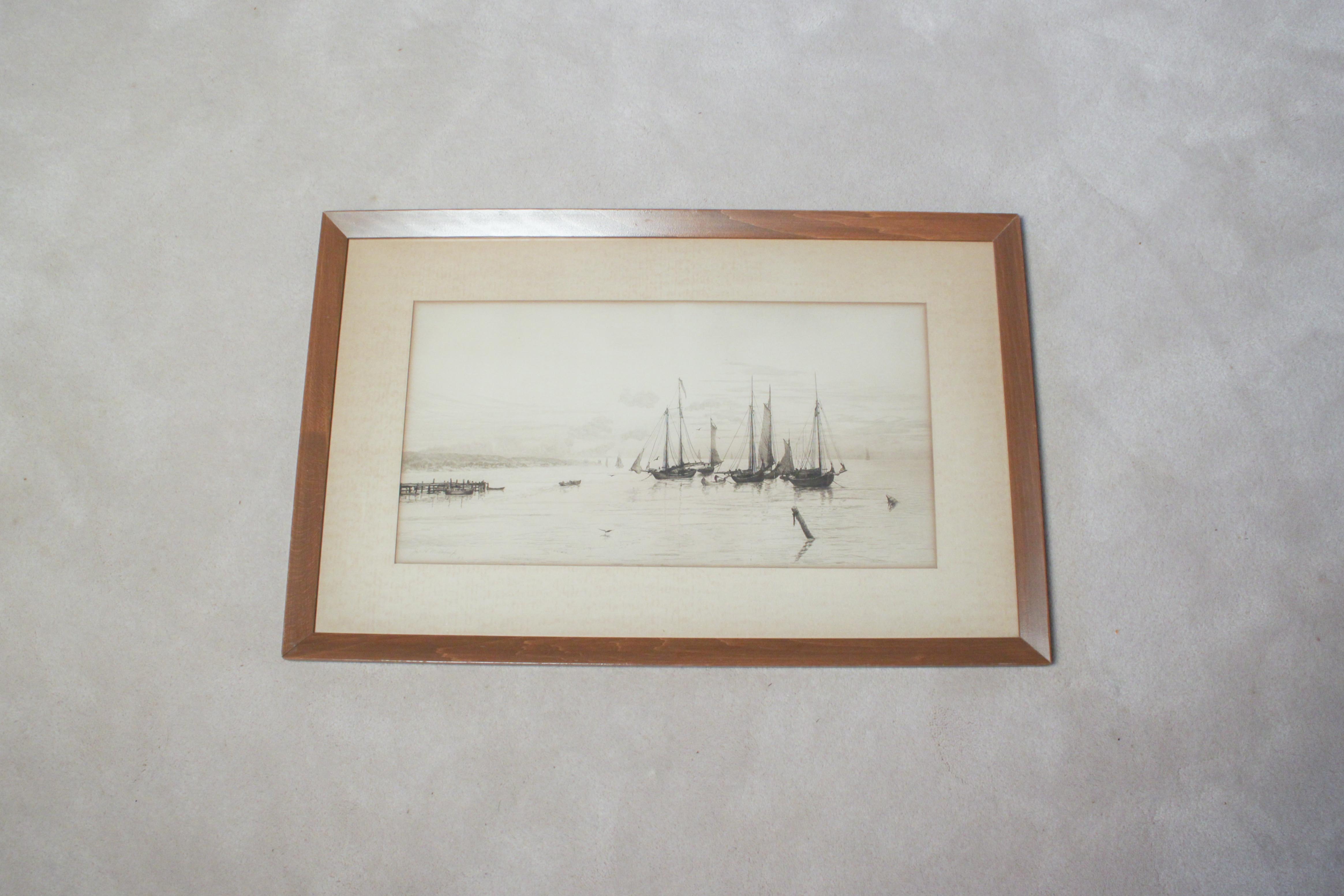 J.H. Millspaugh Etching "Sailboats in Bay", 1889