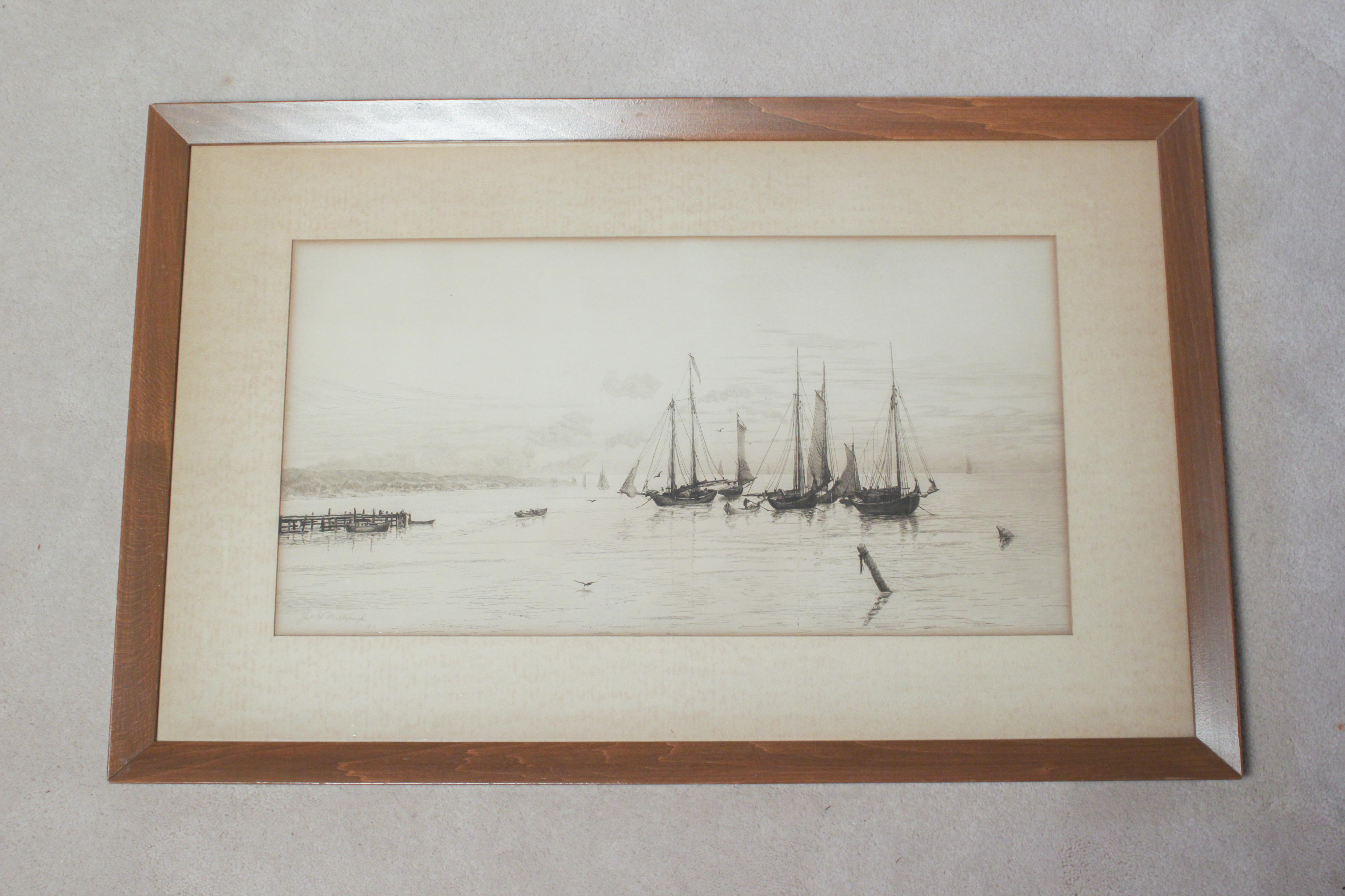 J.H. Millspaugh Etching "Sailboats in Bay", 1889
