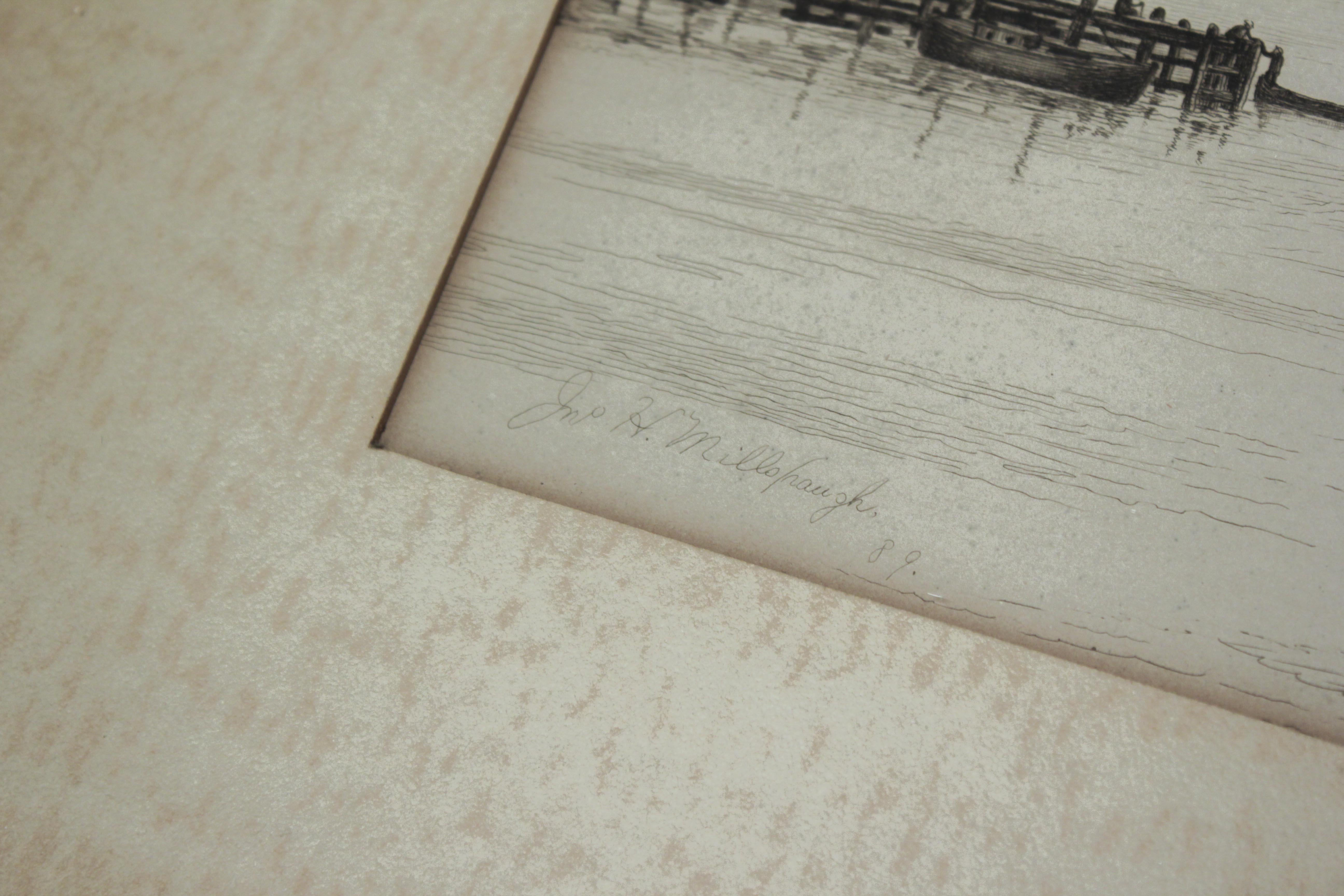 J.H. Millspaugh Etching "Sailboats in Bay", 1889