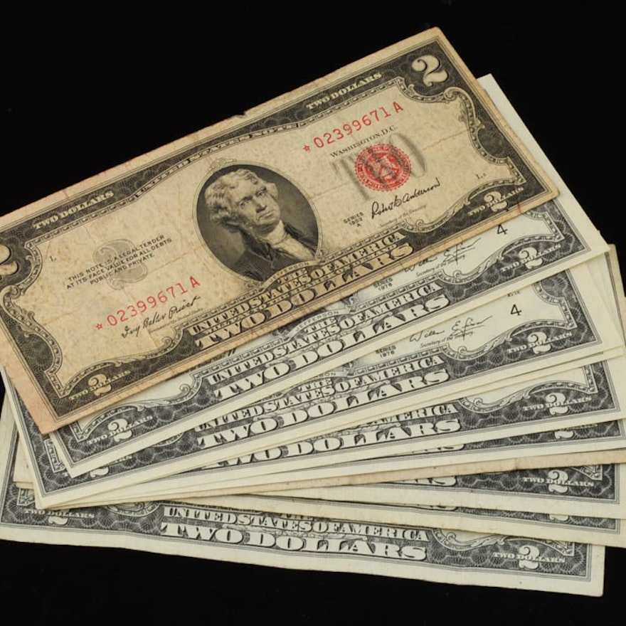 Group of (10) different Two dollar Bills