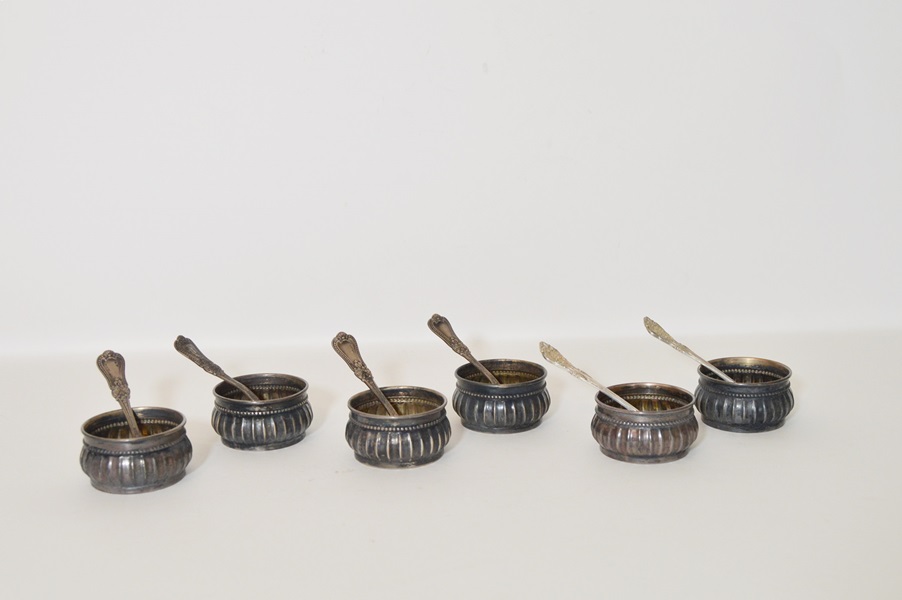Set of Six Sterling Silver Salt Wells with Sterling Silver Spoons