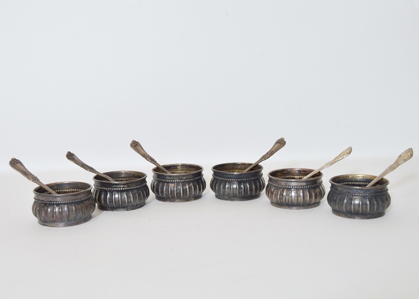 Set of Six Sterling Silver Salt Wells with Sterling Silver Spoons