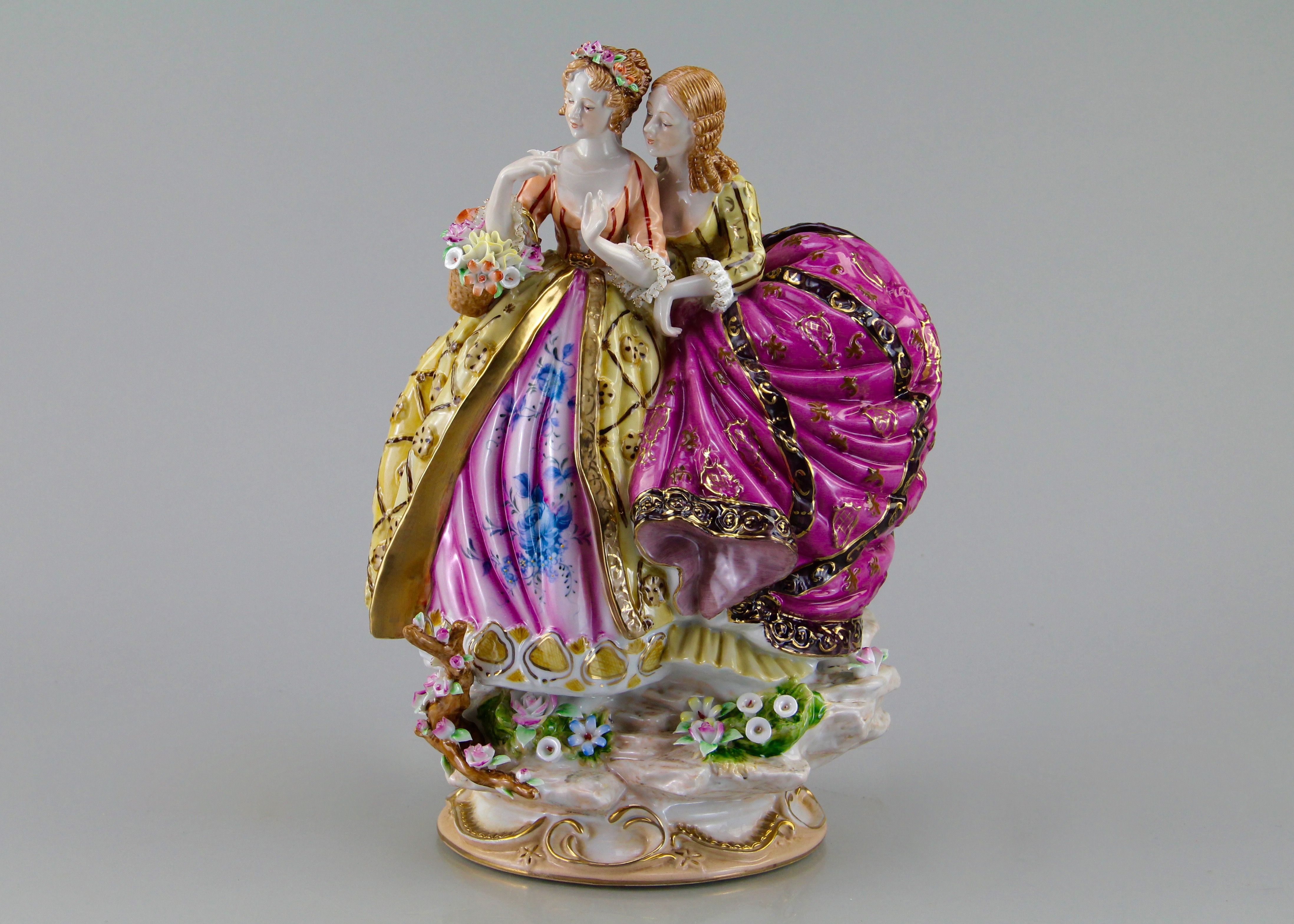 Antique Dresden Porcelain Figurine of Two 18th Century Ladies