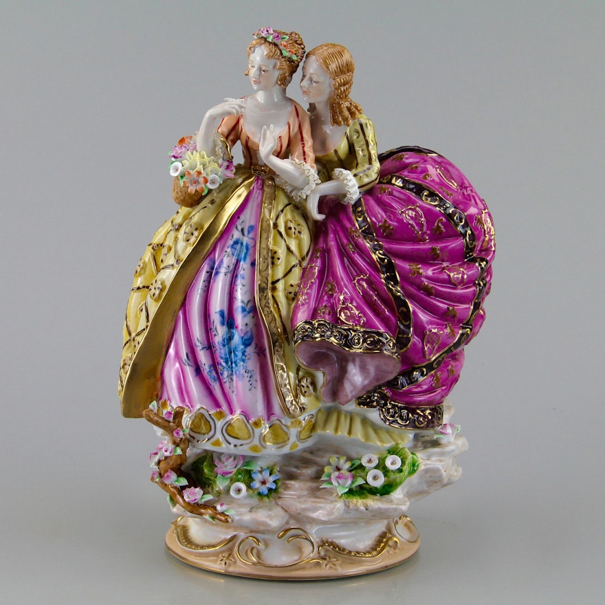 Antique Dresden Porcelain Figurine of Two 18th Century Ladies