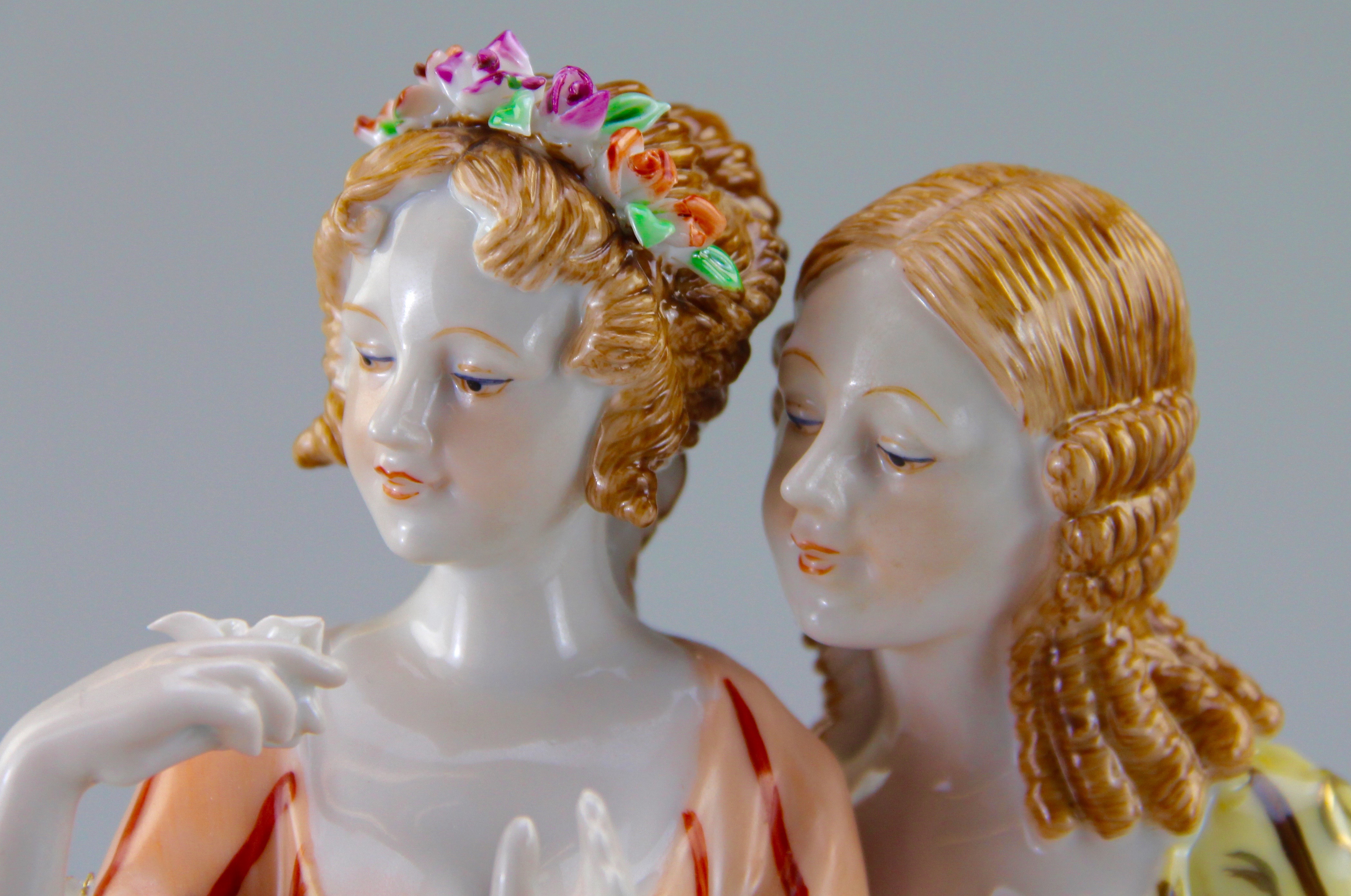 Antique Dresden Porcelain Figurine of Two 18th Century Ladies