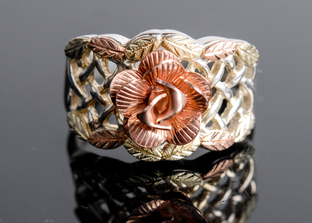 12K Black Hills Gold and Sterling Rose Ring EBTH