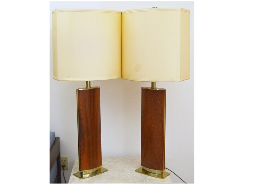 Pair of Mid Century Modern Walnut and Brass Table Lamps