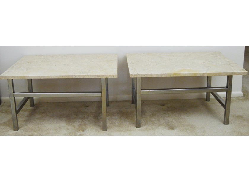 Pair of White Marble and Chrome Side Tables