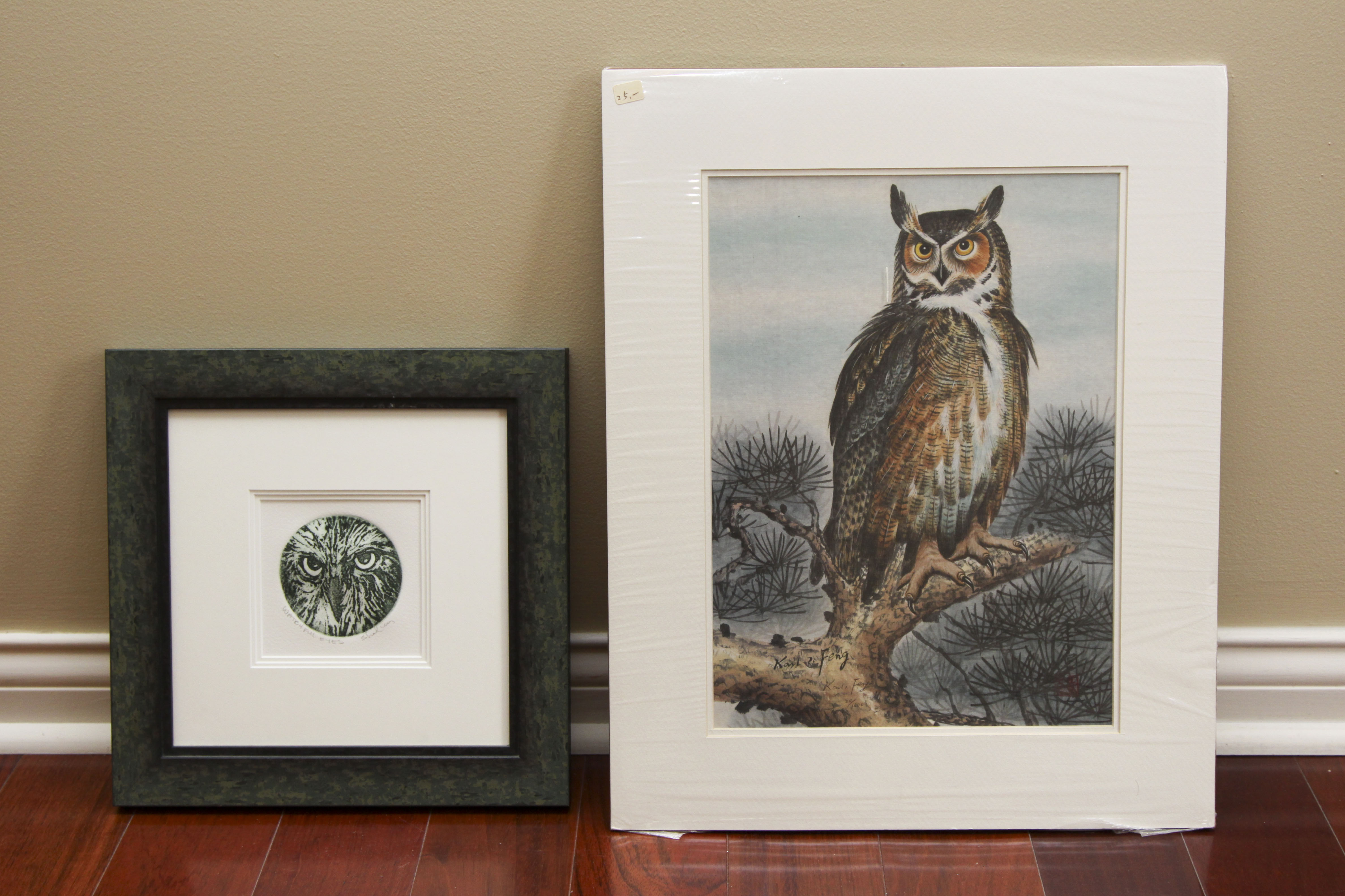 Pair of Signed Owl-Theme Art Prints