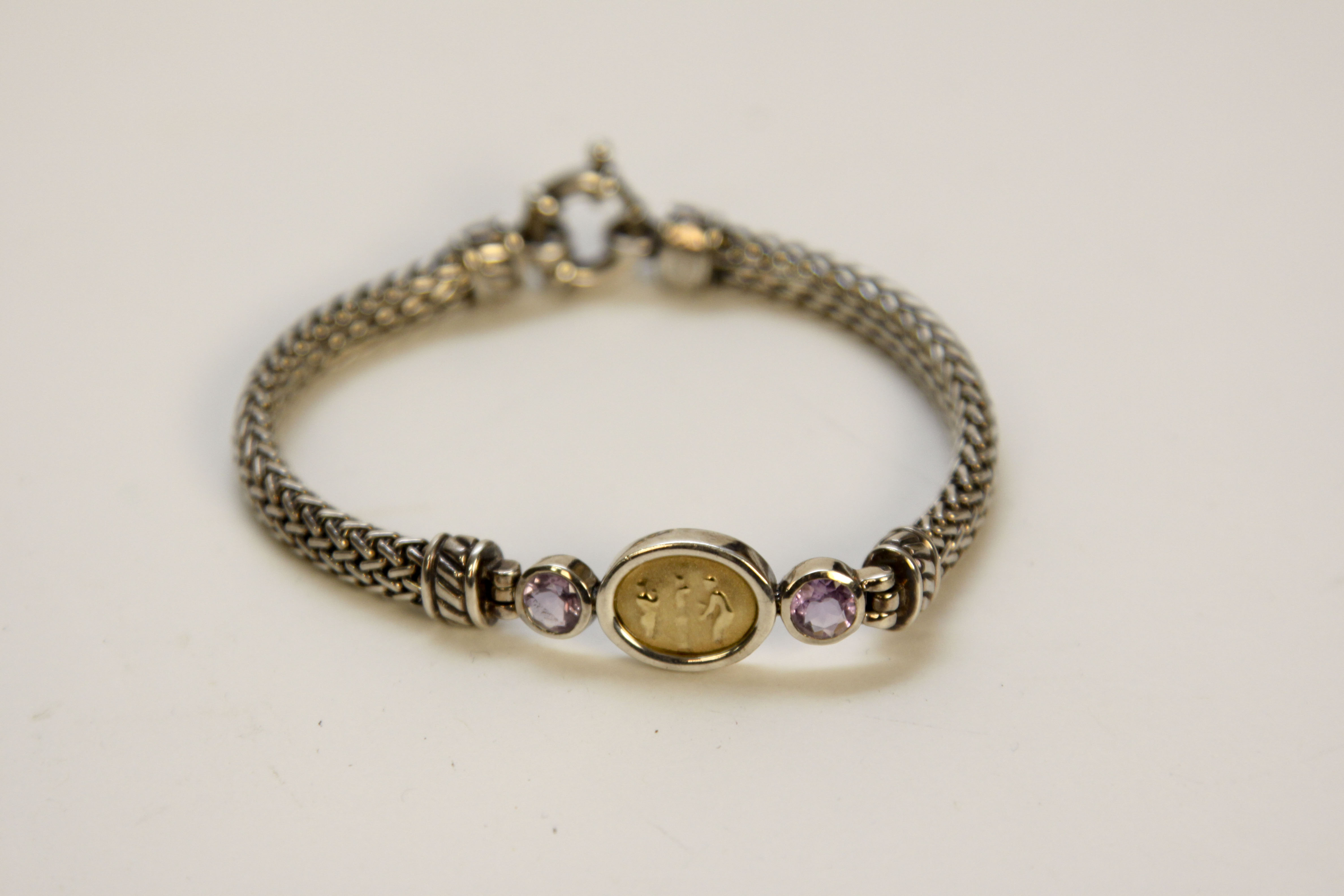 Sterling and 14K Yellow Gold Amethyst Bracelet Size 8 1/2