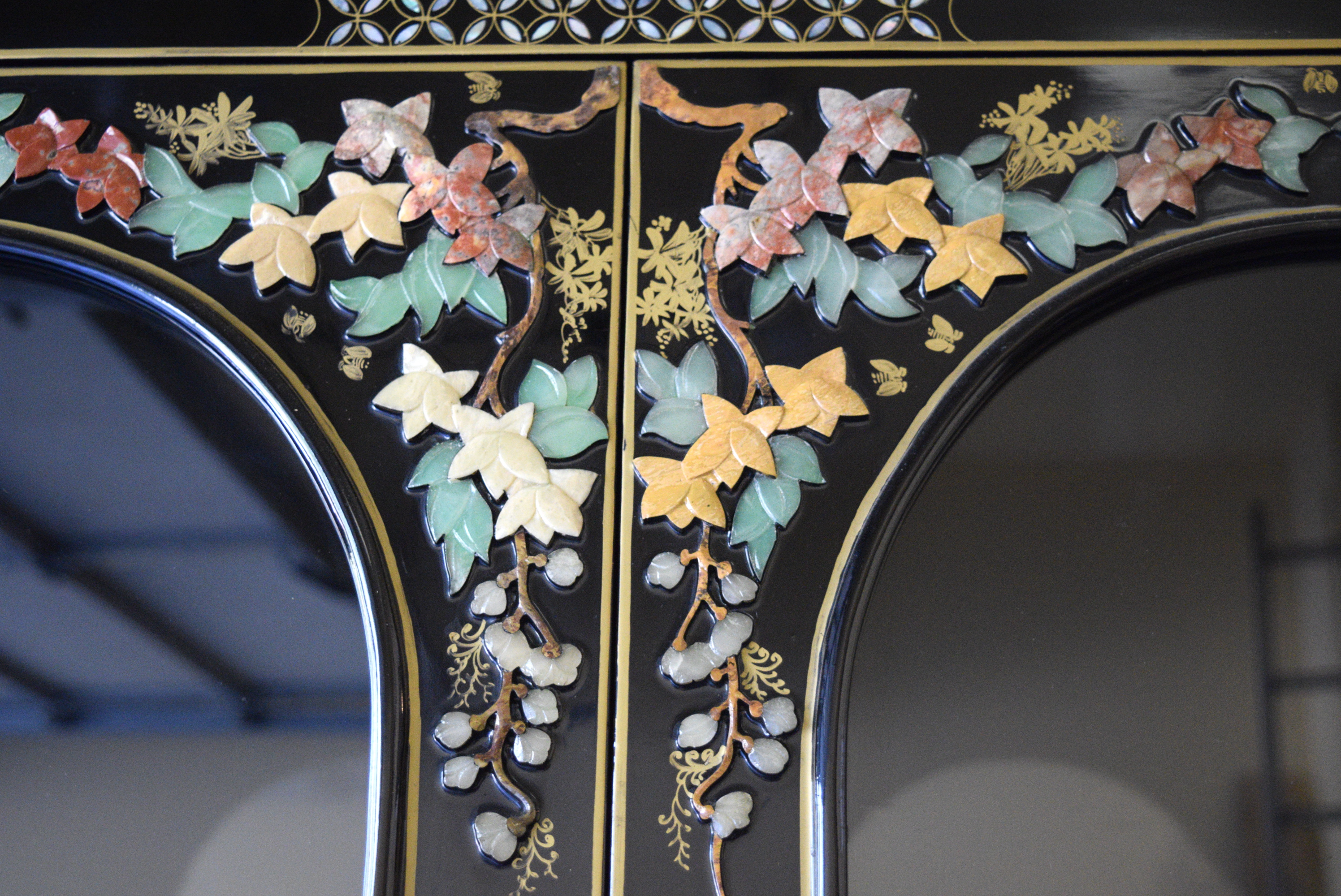 Chinoiserie China Cabinet with Stone and Shell Appliqué