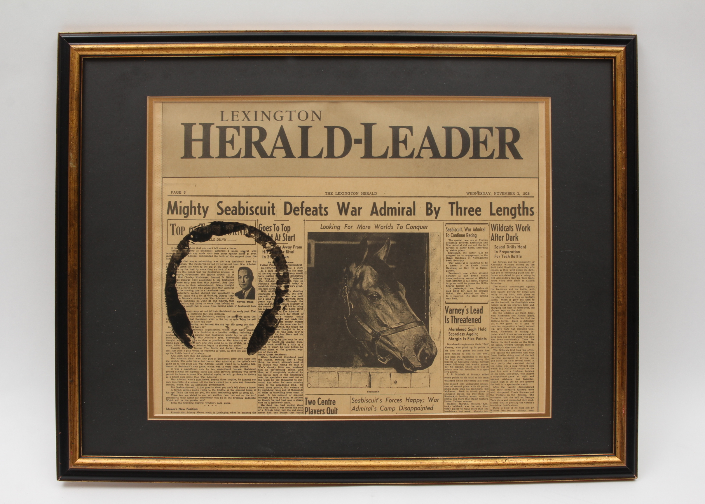 Framed "Lexington Herald Leader" Sea Biscuit Stamped Hoof Print