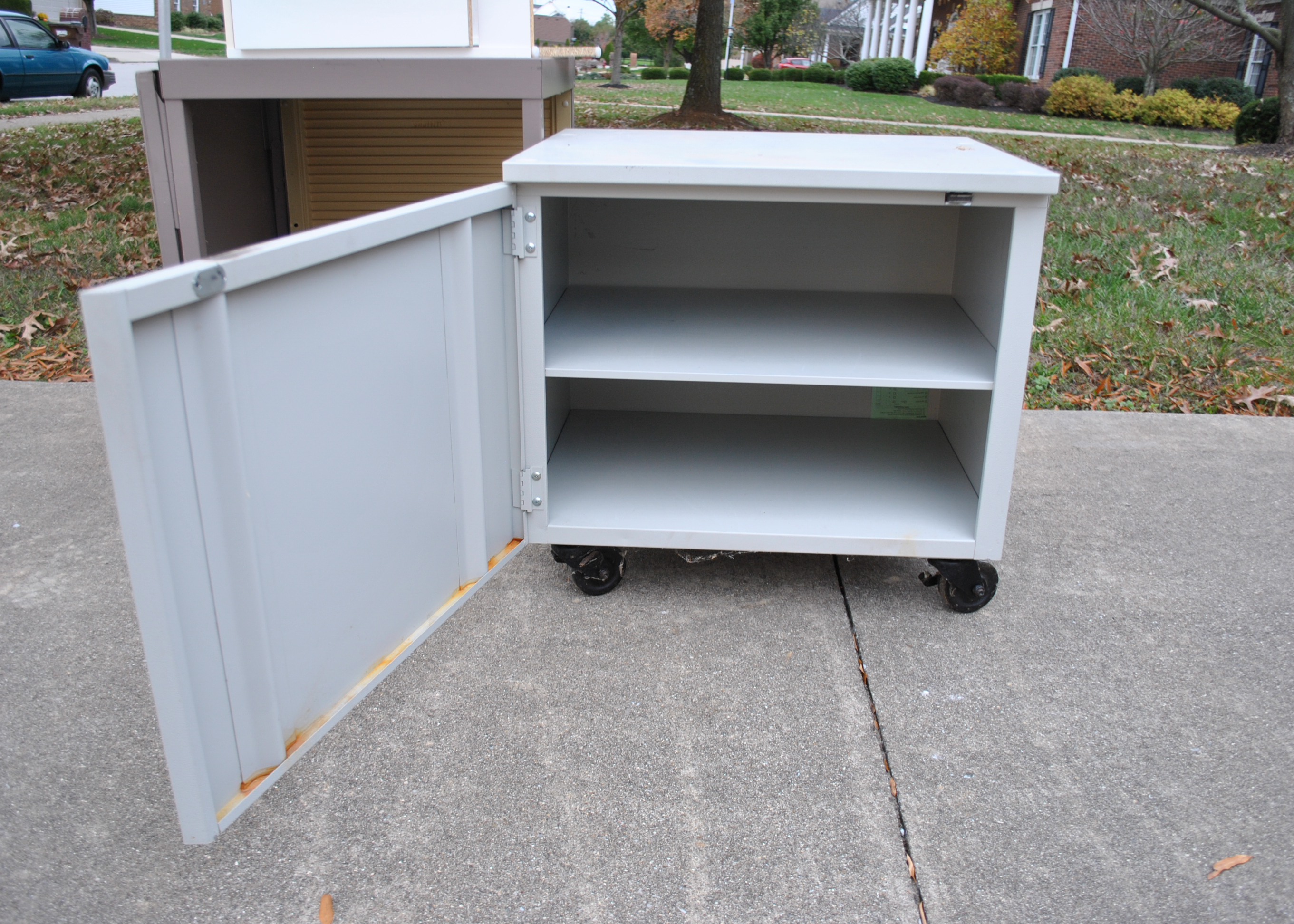 Assortment of Metal Stands, Cabinets and a Desk