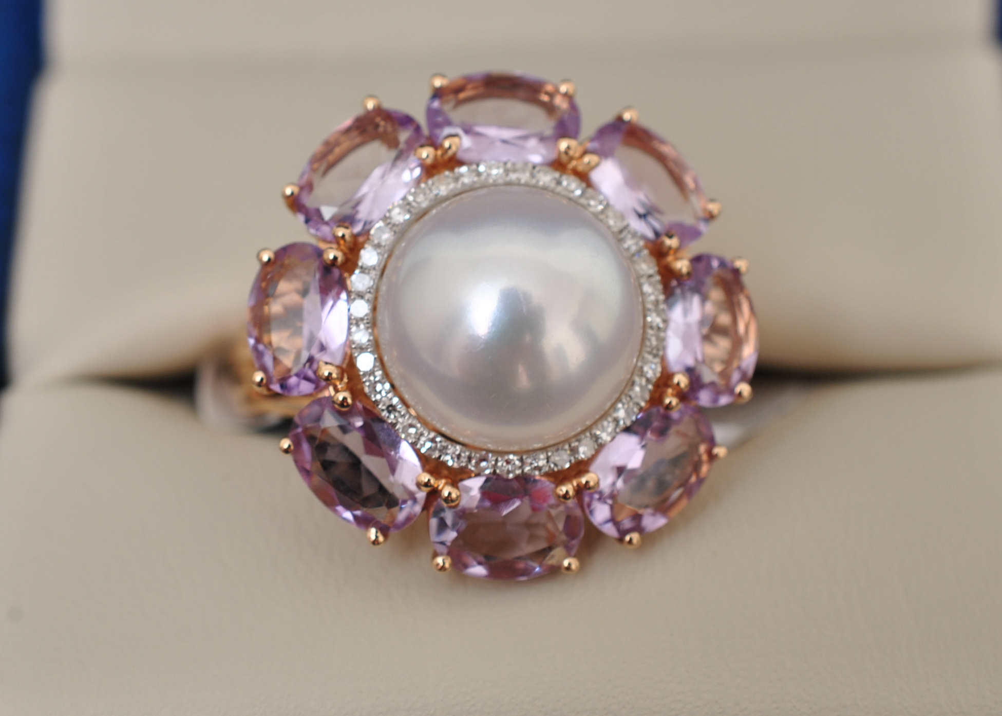 Pearl Ring with Double Halo of Diamonds and Amethyst set in 14k Rose Gold