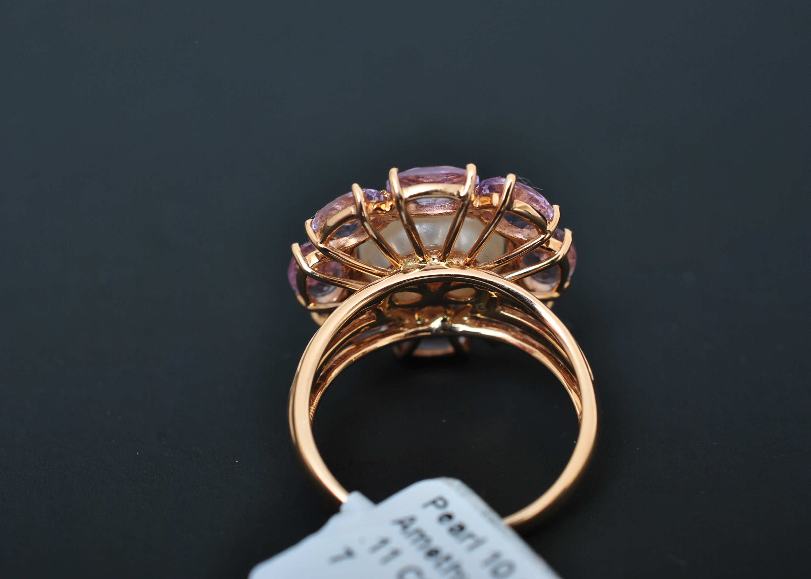 Pearl Ring with Double Halo of Diamonds and Amethyst set in 14k Rose Gold