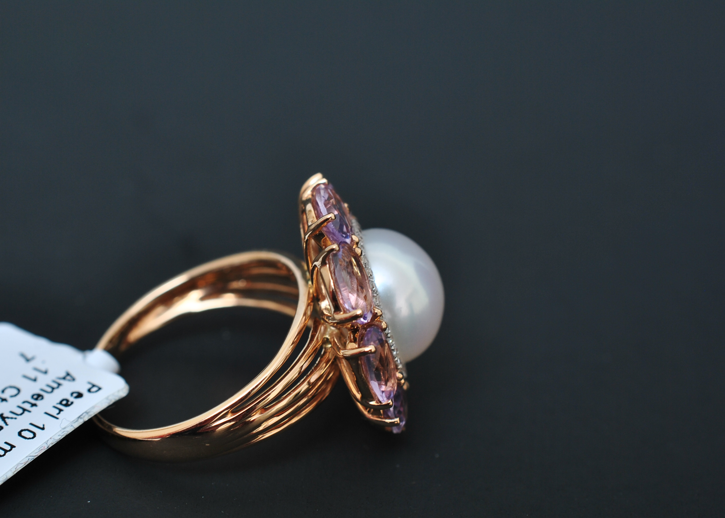 Pearl Ring with Double Halo of Diamonds and Amethyst set in 14k Rose Gold
