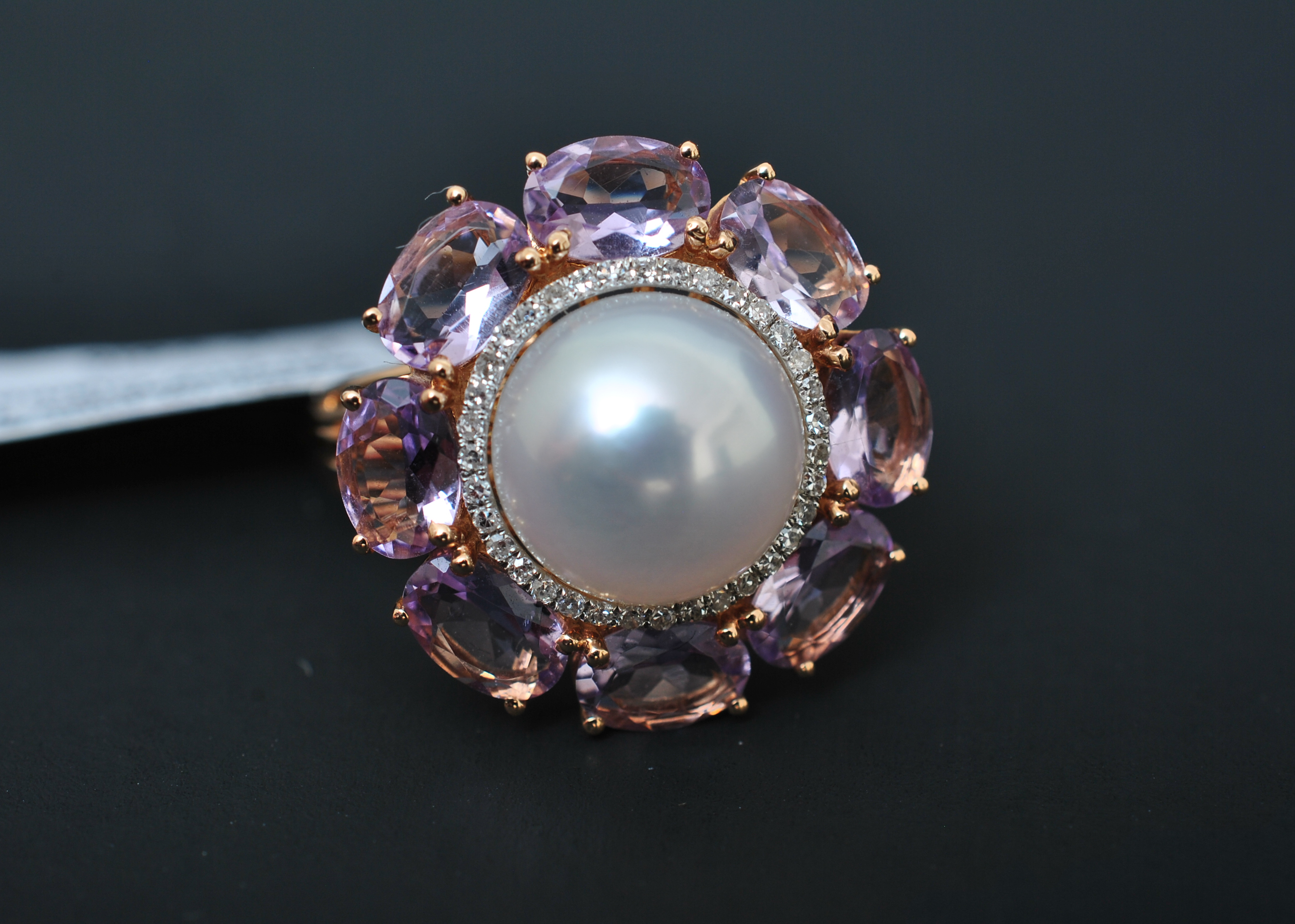 Pearl Ring with Double Halo of Diamonds and Amethyst set in 14k Rose Gold