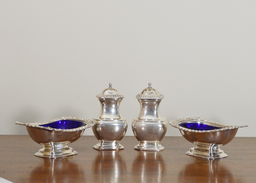 Pair of Silver Plate Salt Wells and Salt Shakers