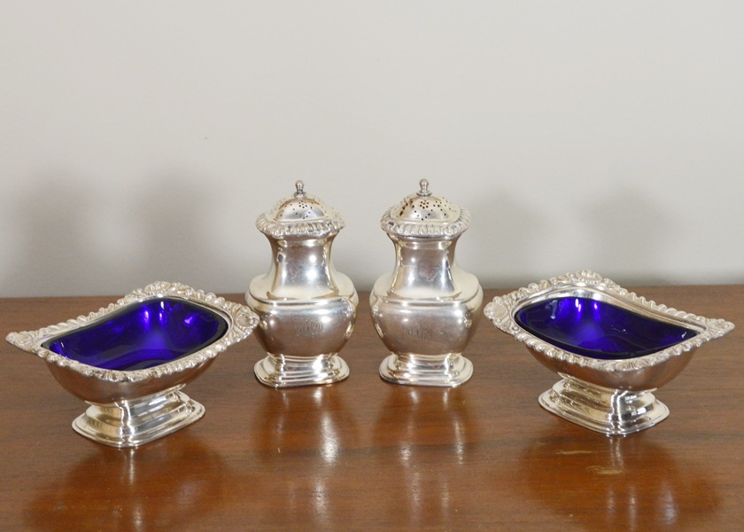 Pair of Silver Plate Salt Wells and Salt Shakers