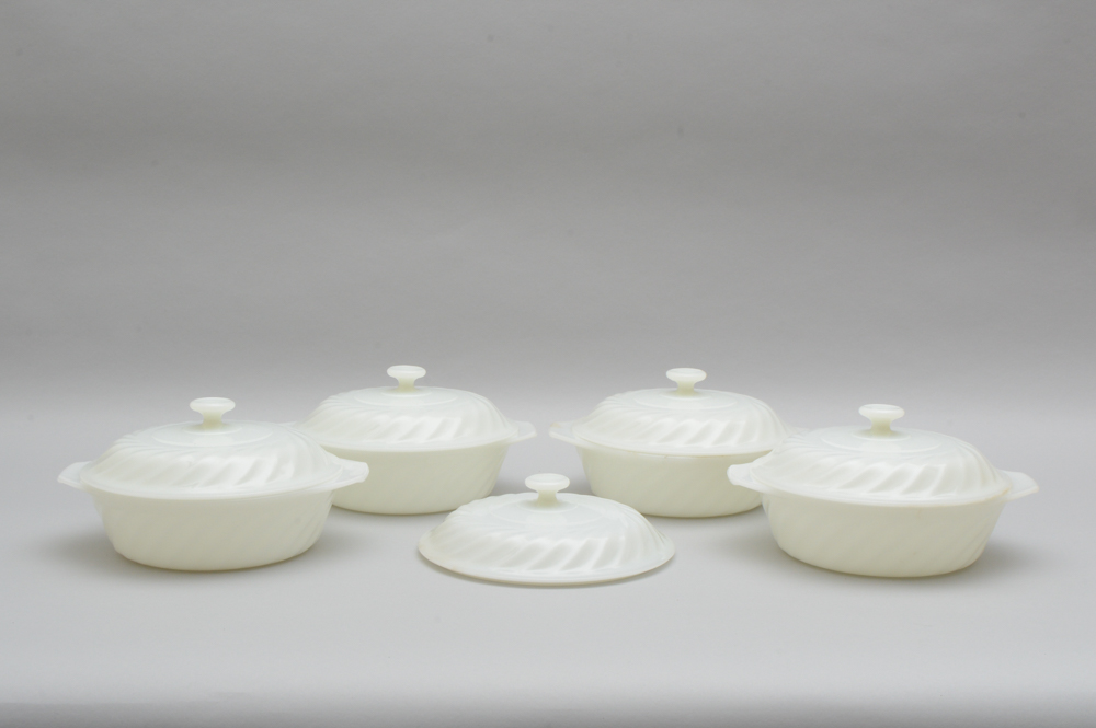 Four Vintage Fire King White Swirl Casserole Dishes