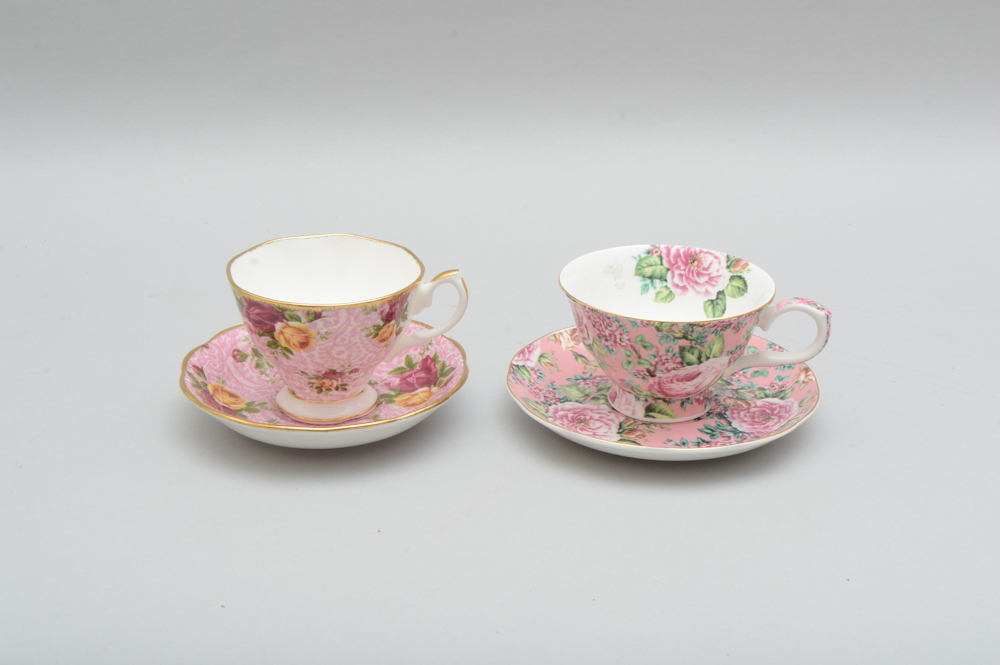 Assortment of Pink and Floral Decorative Plates & Cups