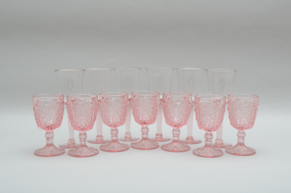 Assortment of Pink Pressed Glass Stemware