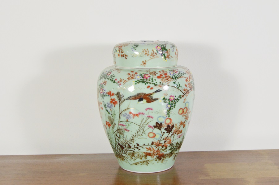 Hand Painted Green on White China Ginger Jar
