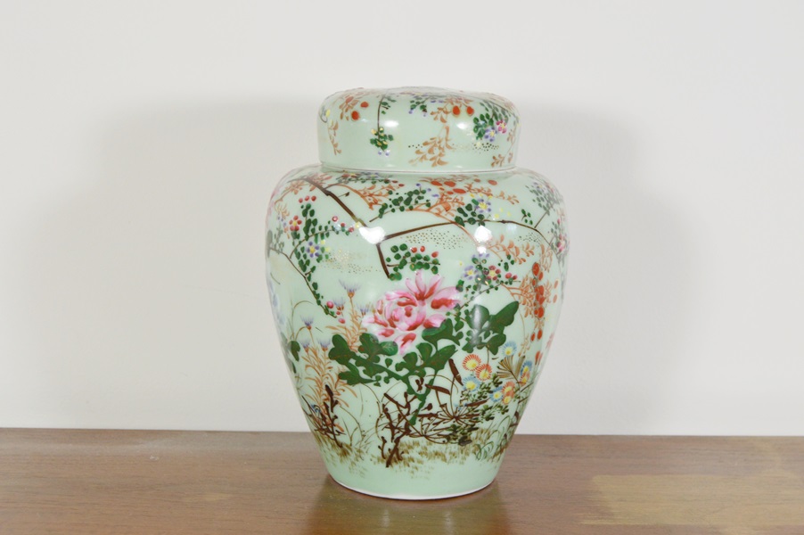 Hand Painted Green on White China Ginger Jar